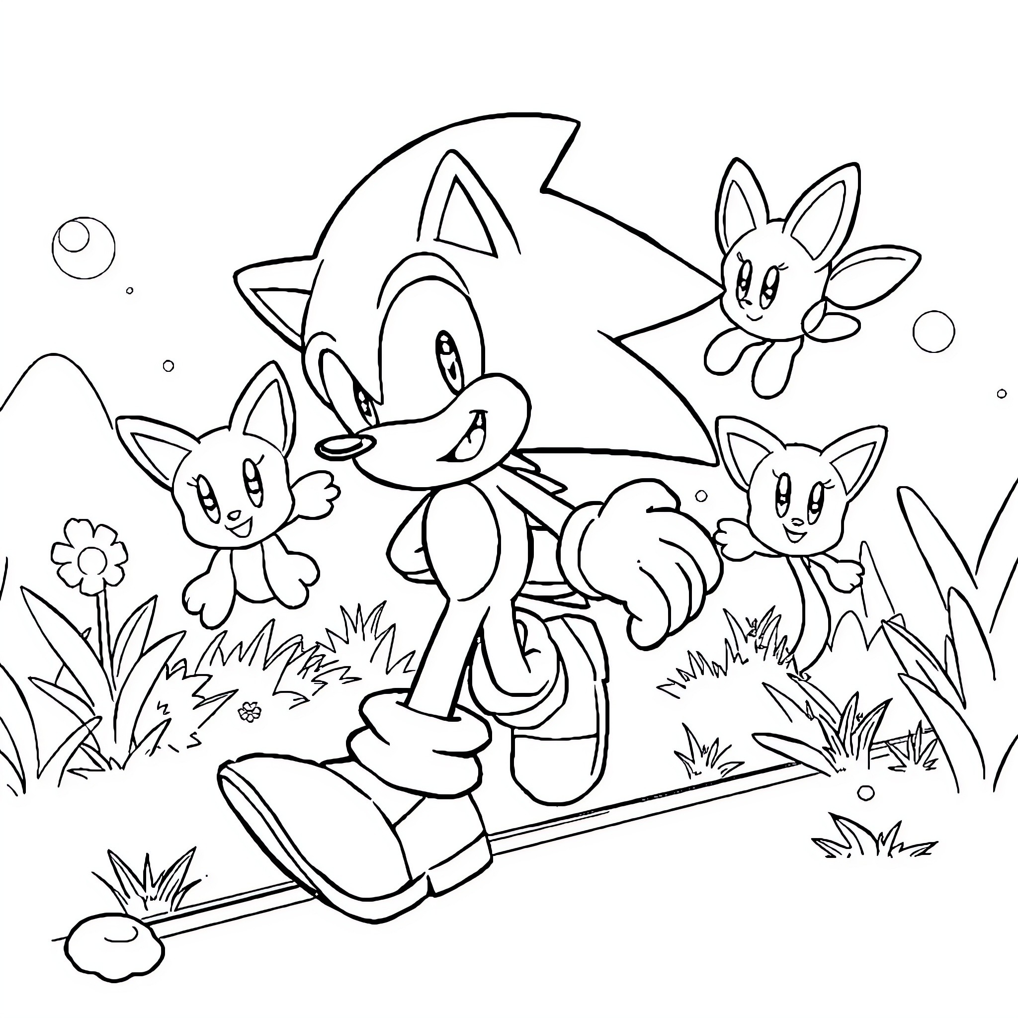 Sonic and Friends Exploring the Outdoors Coloring Page (free black-and-white line drawing printable PDF for all, from beginners to advanced learners, including children, teens, adults, and seniors)