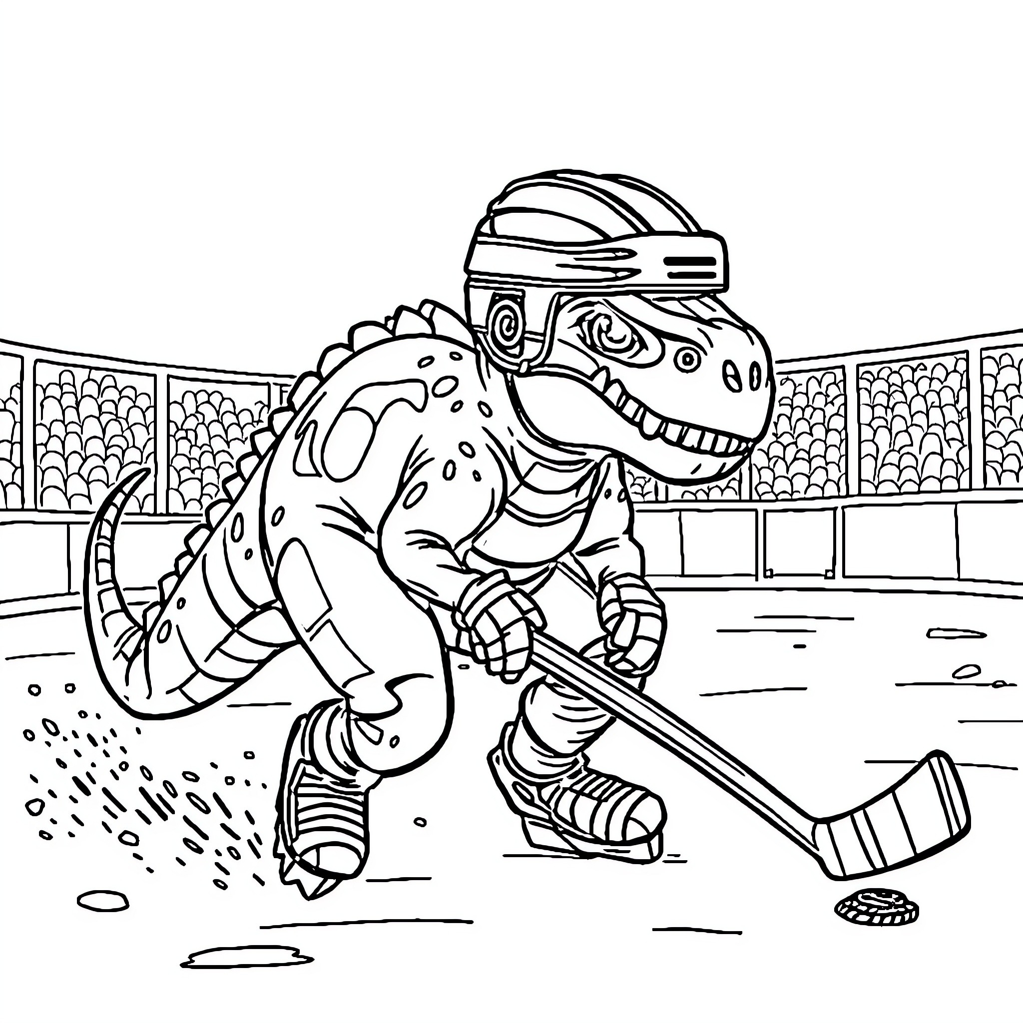 Dinosaur hockey player in action on the rink Coloring Page (free black-and-white line drawing printable PDF for all, from beginners to advanced learners, including children, teens, adults, and seniors)