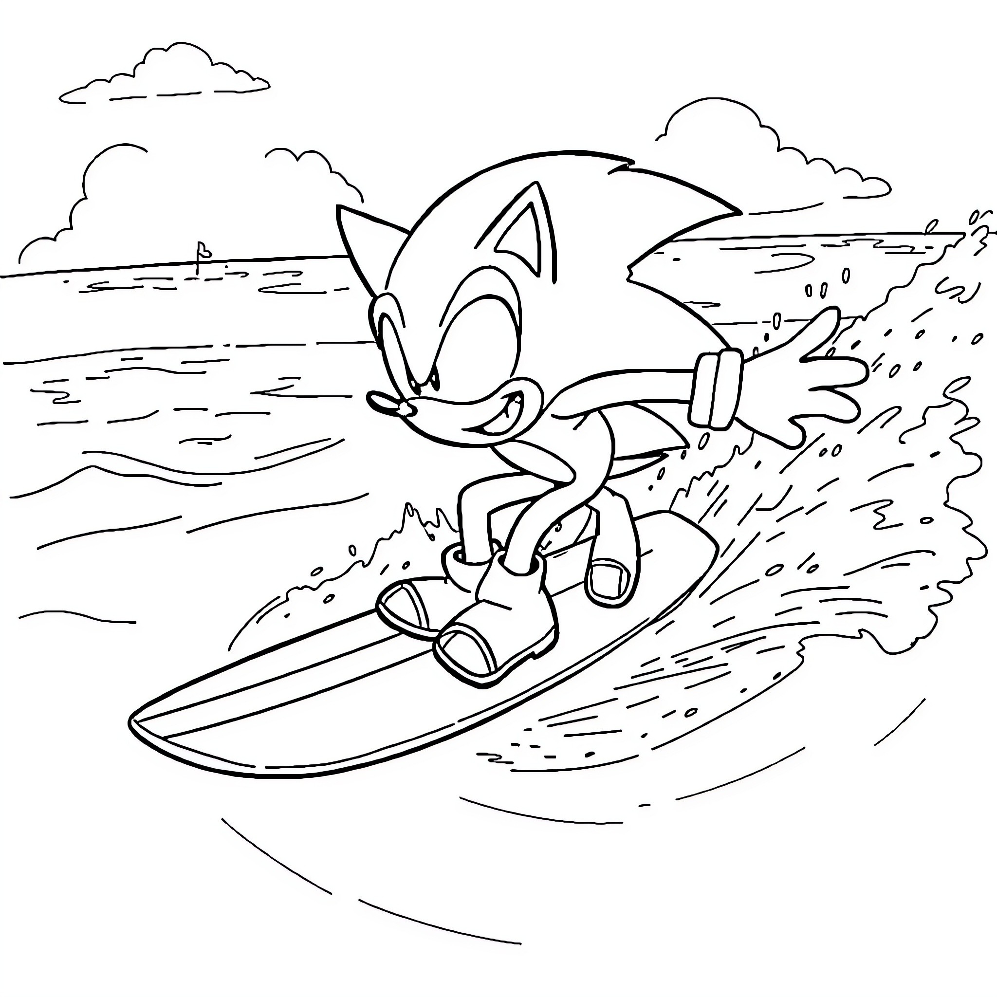 Sonic surfing on a wave Coloring Page (free black-and-white line drawing printable PDF for all, from beginners to advanced learners, including children, teens, adults, and seniors)