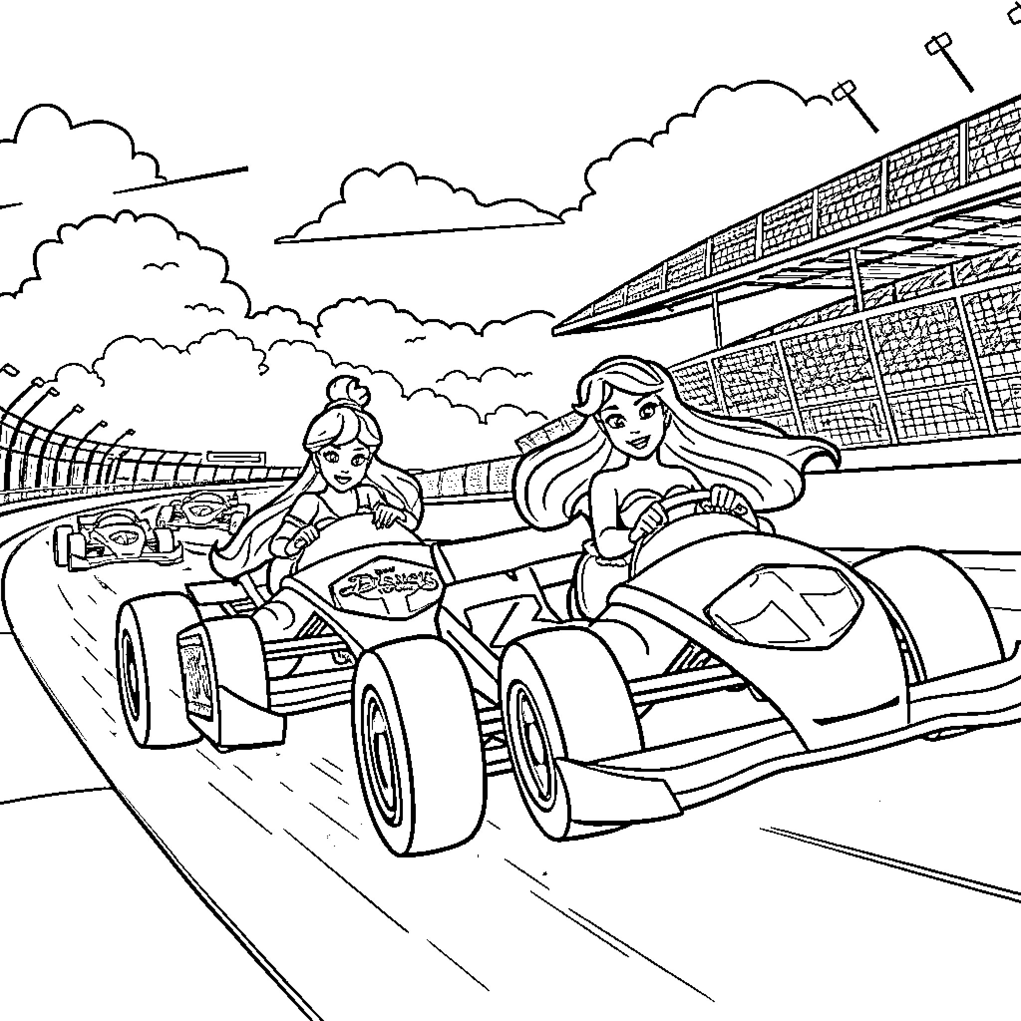 Disney Princesses Racing in Formula One Cars Coloring Page (free black-and-white line drawing printable PDF for all, from beginners to advanced learners, including children, teens, adults, and seniors)