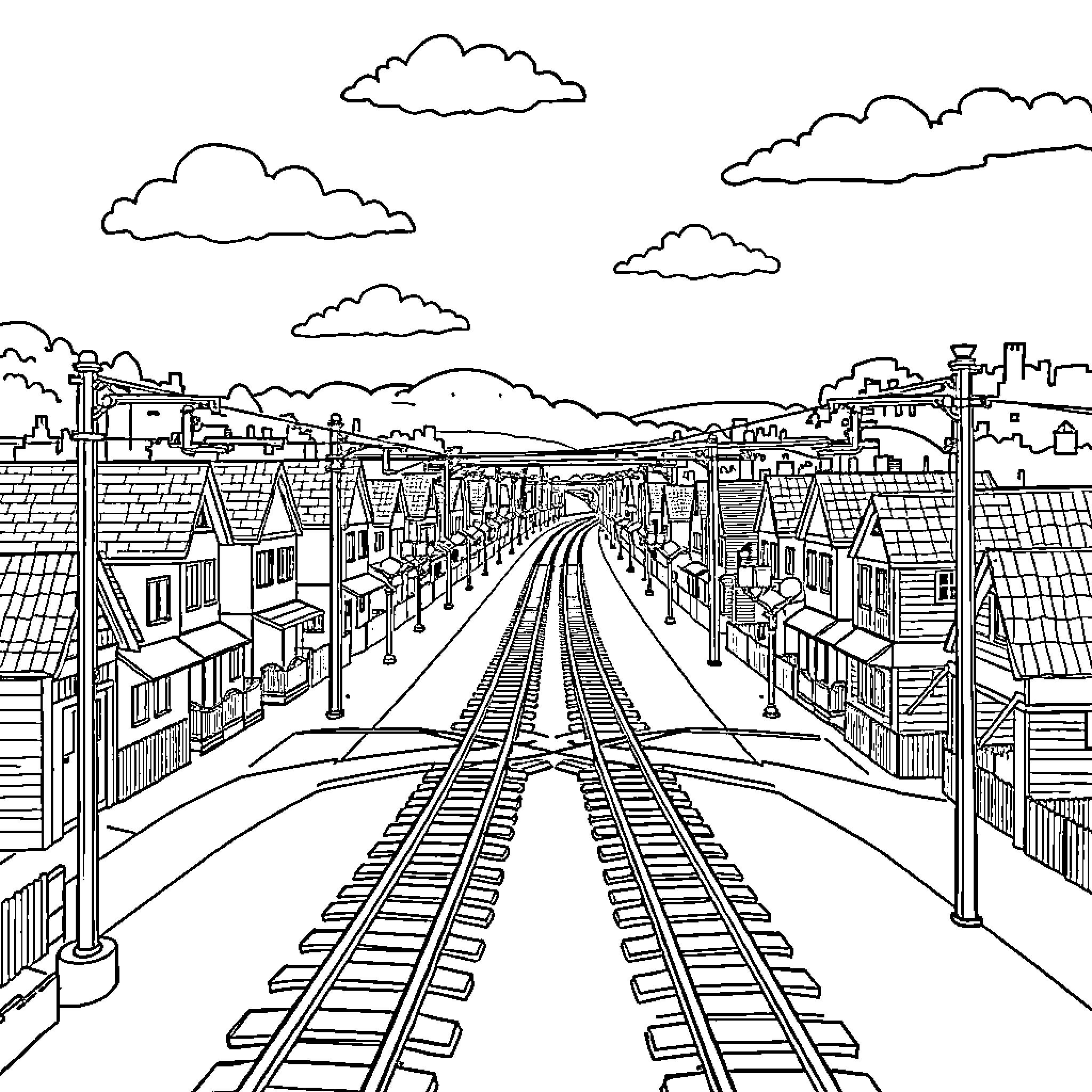 Railroad Crossing Over Residential Neighborhood Coloring Page (free black-and-white line drawing printable PDF for all, from beginners to advanced learners, including children, teens, adults, and seniors)
