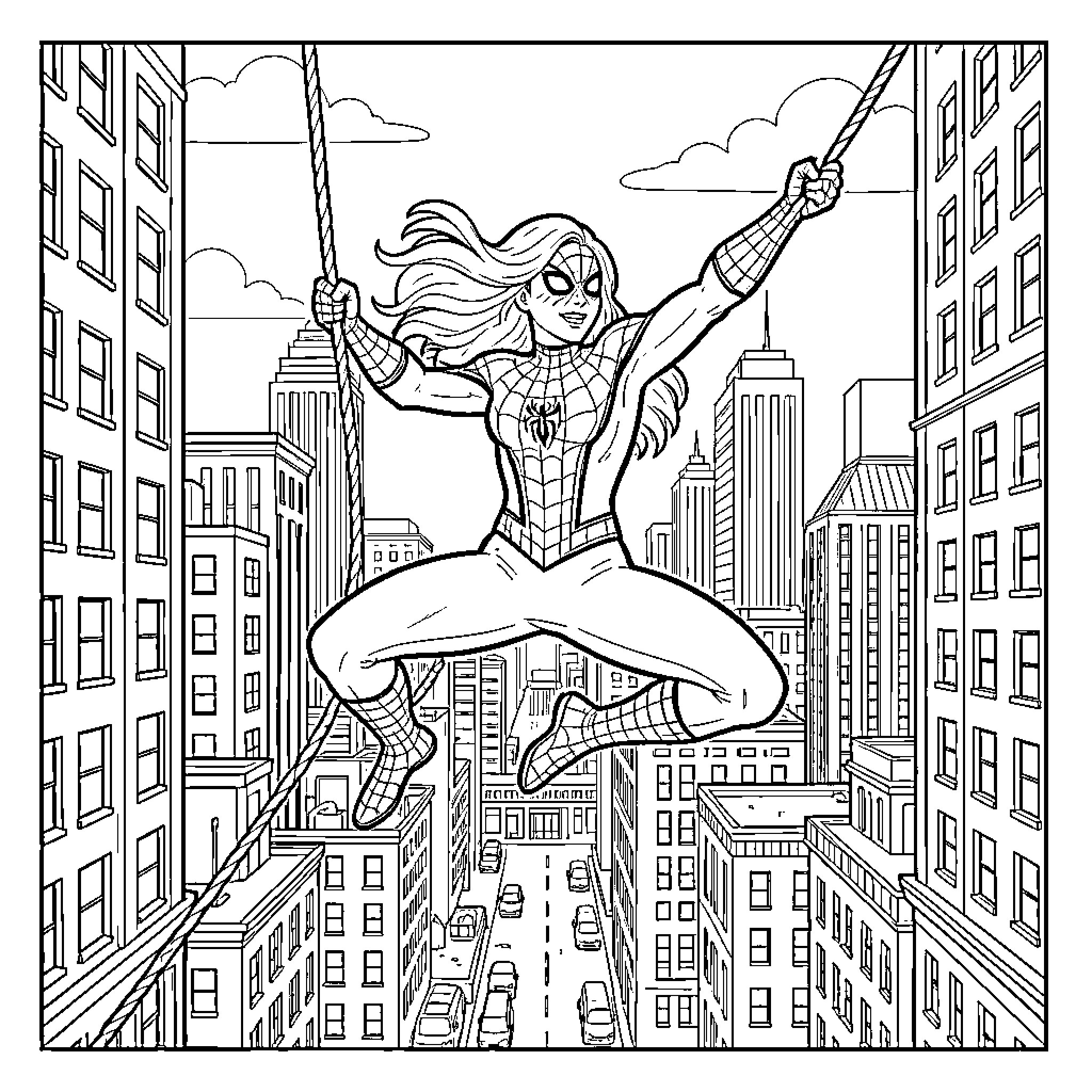Gwen swinging through the city skyline Coloring Page (free black-and-white line drawing printable PDF for all, from beginners to advanced learners, including children, teens, adults, and seniors)
