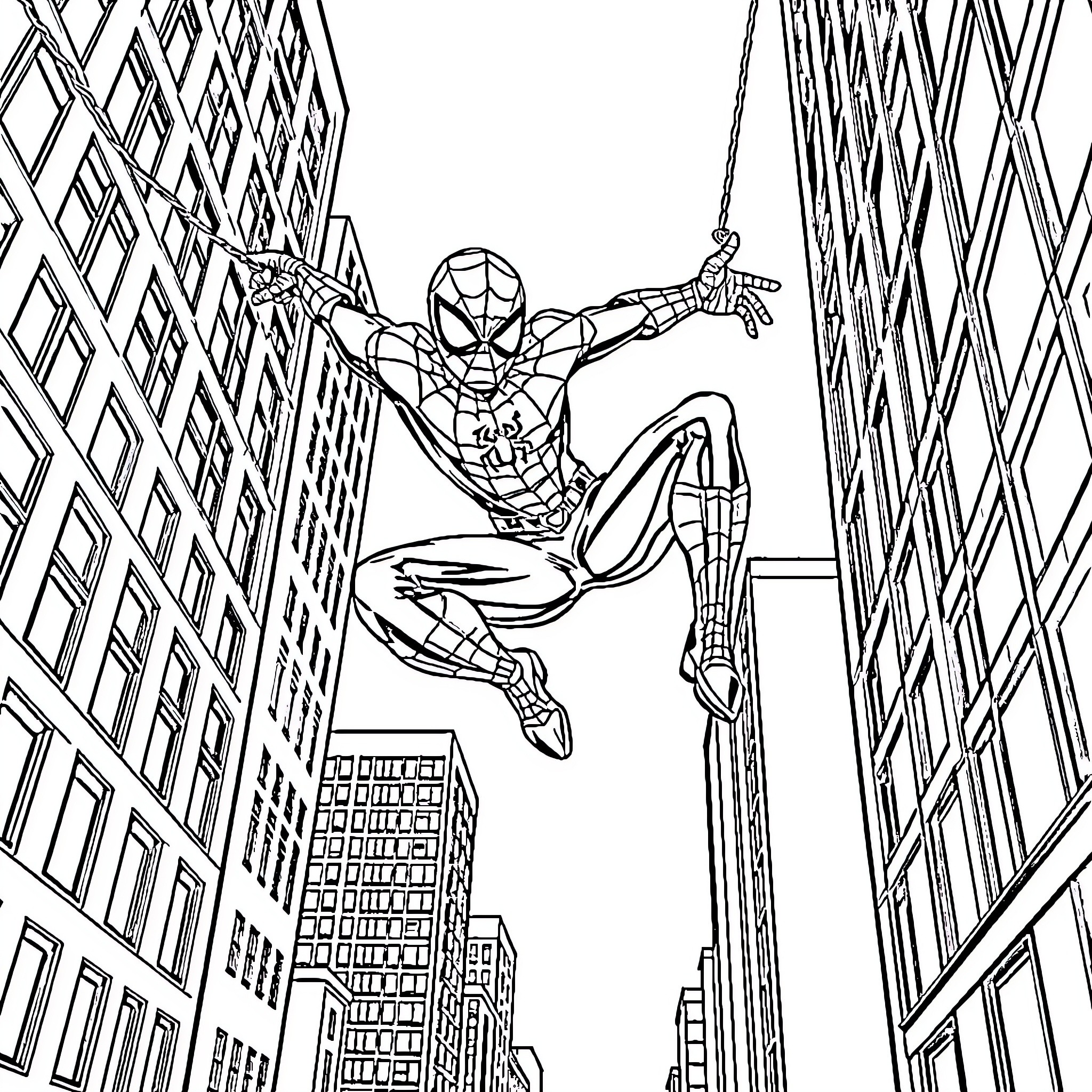 Spider-Man swinging through the city skyline Coloring Page (free black-and-white line drawing printable PDF for all, from beginners to advanced learners, including children, teens, adults, and seniors)