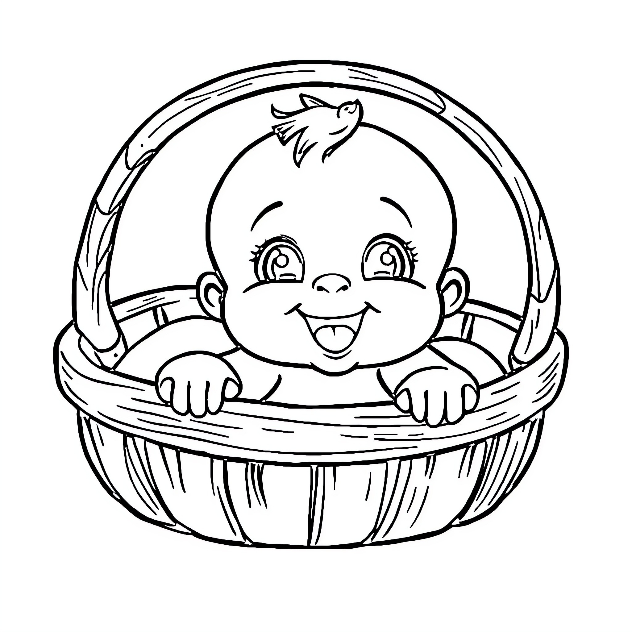 Baby in a wicker basket with happy expression Coloring Page (free black-and-white line drawing printable PDF for all, from beginners to advanced learners, including children, teens, adults, and seniors)