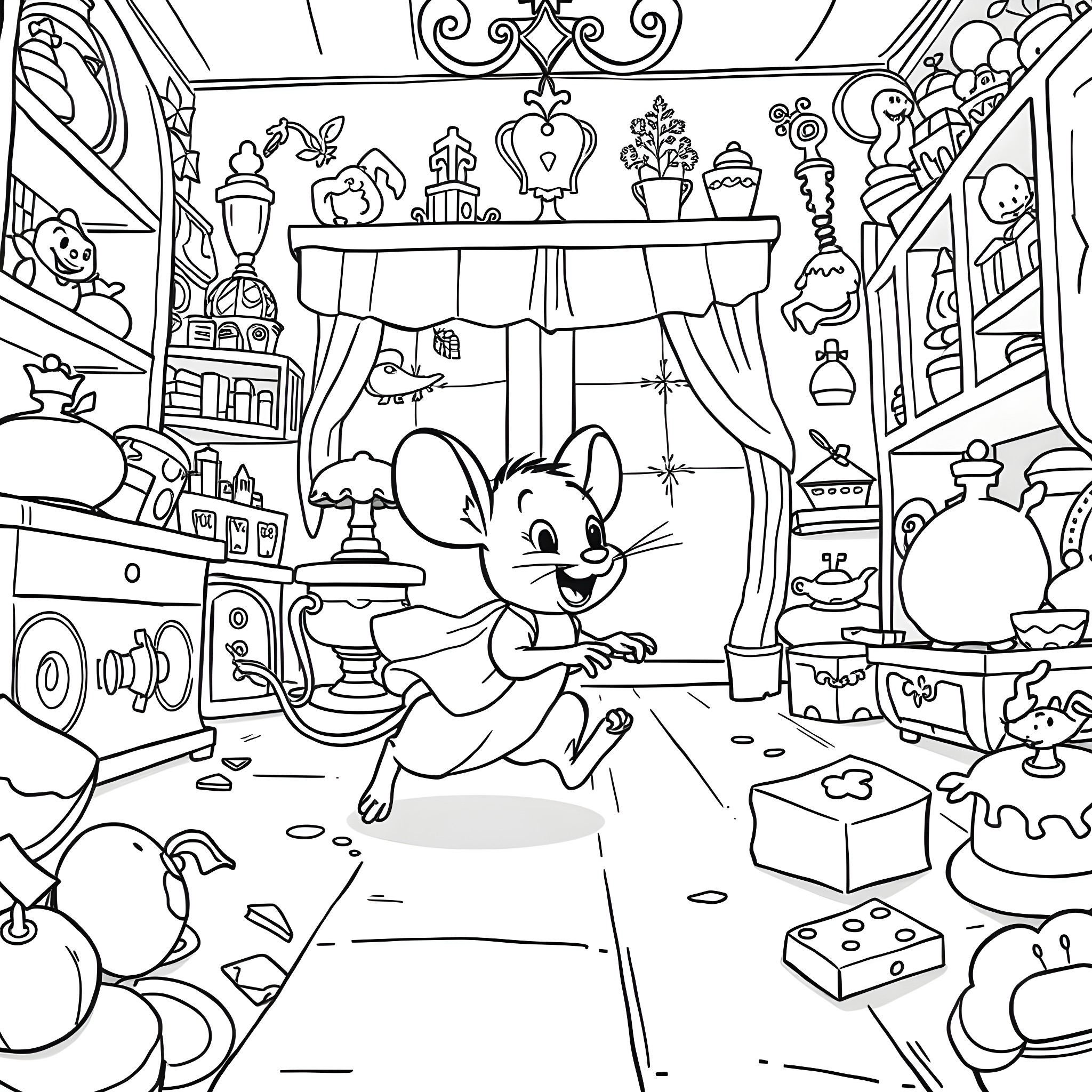 Cinderella cleaning and organizing her magical room Coloring Page (free black-and-white line drawing printable PDF for all, from beginners to advanced learners, including children, teens, adults, and seniors)