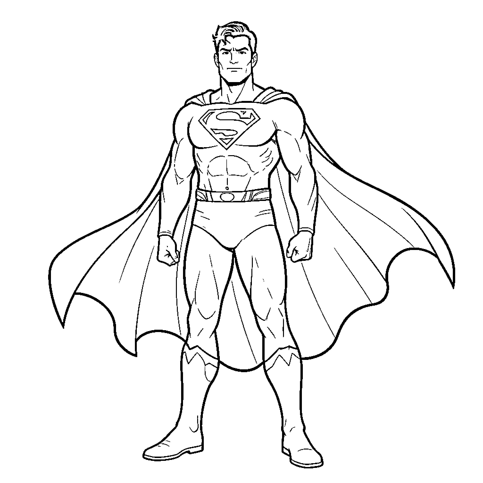 Superman standing heroically in his iconic superhero costume Coloring Page (free black-and-white line drawing printable PDF for all, from beginners to advanced learners, including children, teens, adults, and seniors)