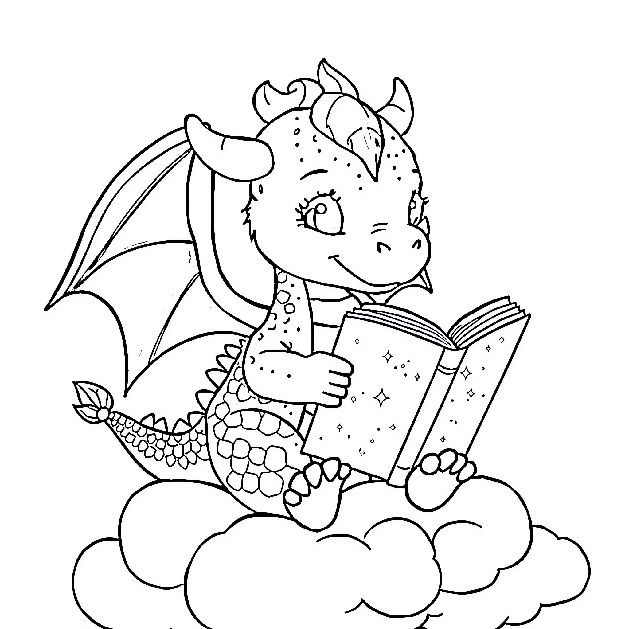 Dragon reading a book on cloudy day Coloring Page (free black-and-white line drawing printable PDF for all, from beginners to advanced learners, including children, teens, adults, and seniors)