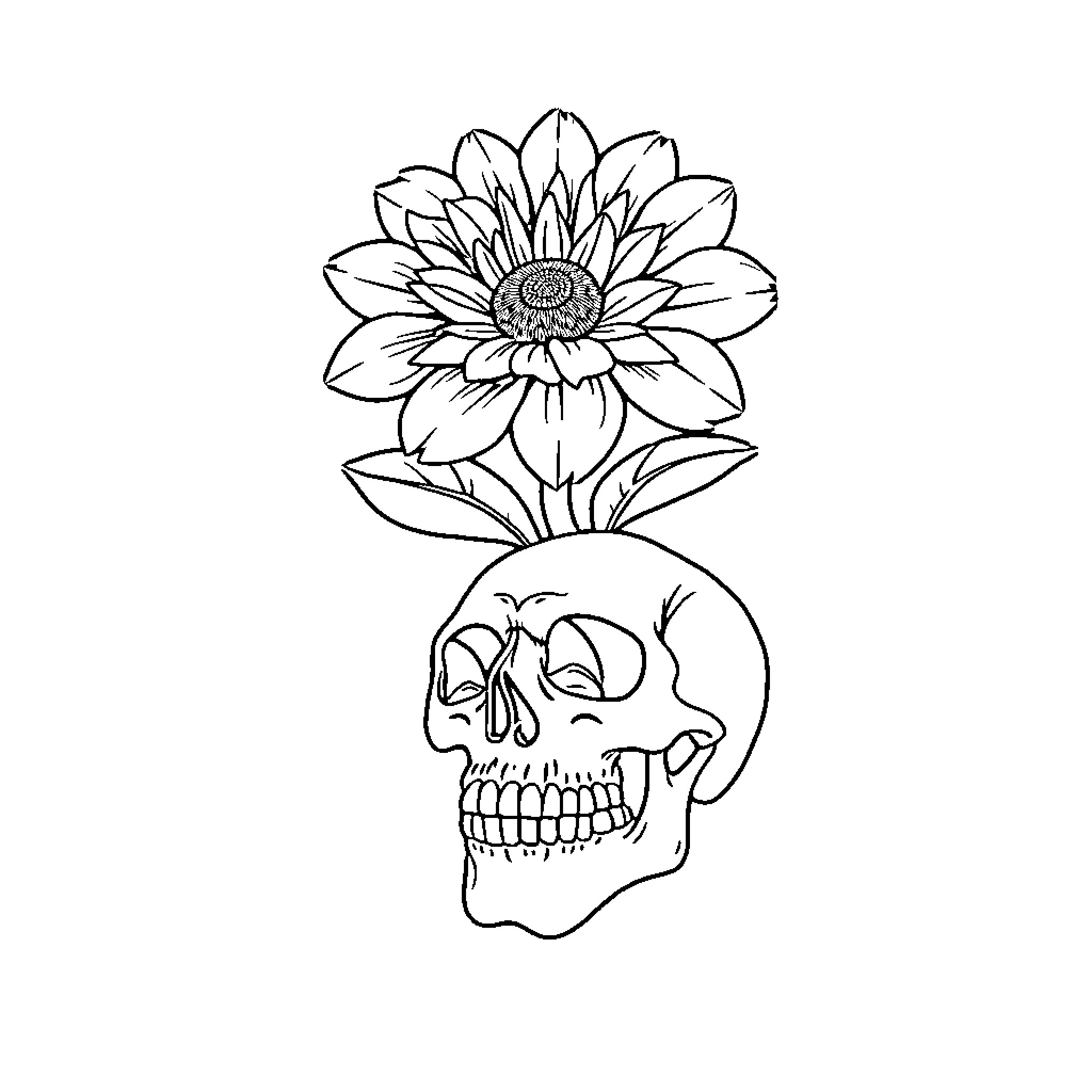 Skull with blooming flower Coloring Page (free black-and-white line drawing printable PDF for all, from beginners to advanced learners, including children, teens, adults, and seniors)