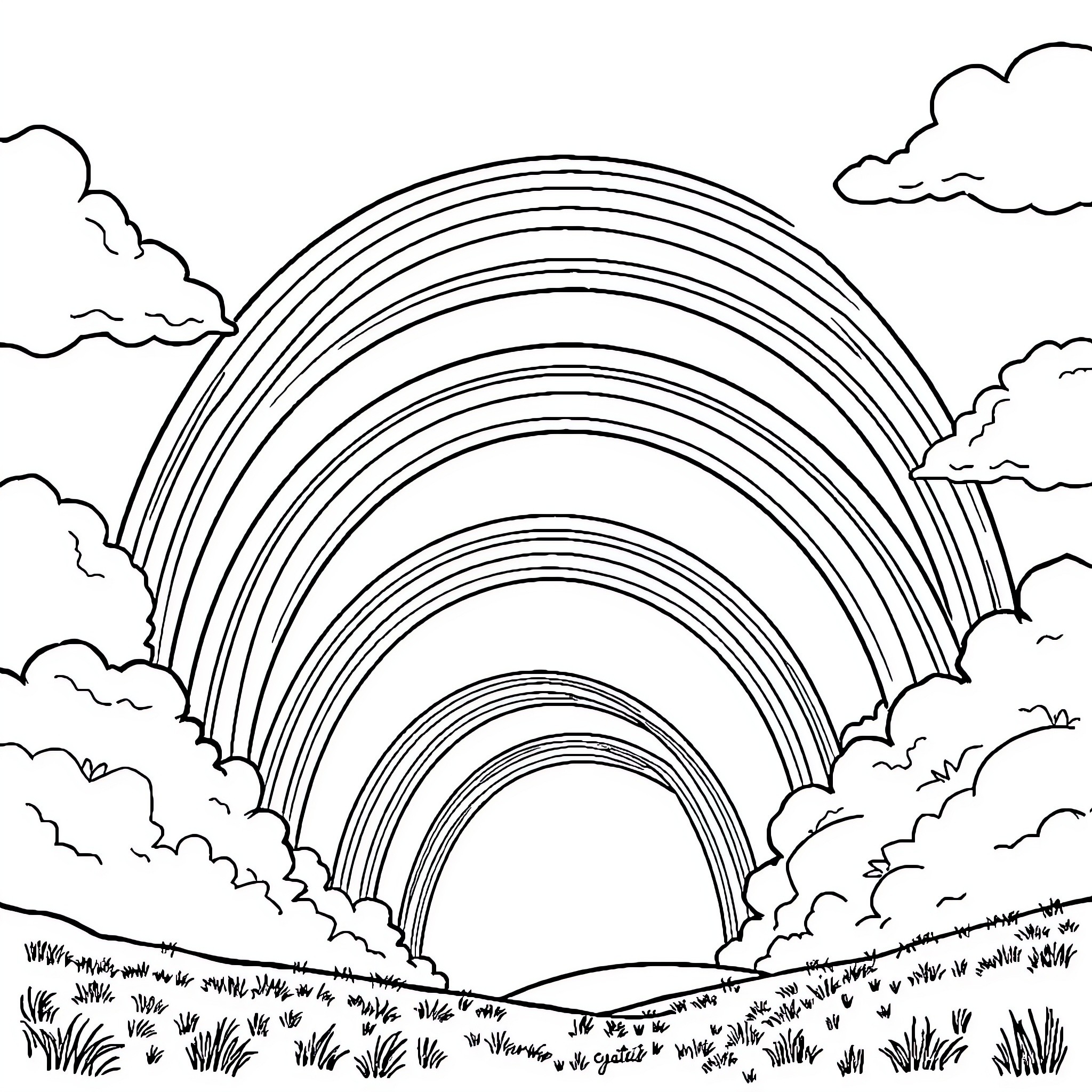 Rainbow Arches over Lush Landscape Coloring Page (free black-and-white line drawing printable PDF for all, from beginners to advanced learners, including children, teens, adults, and seniors)