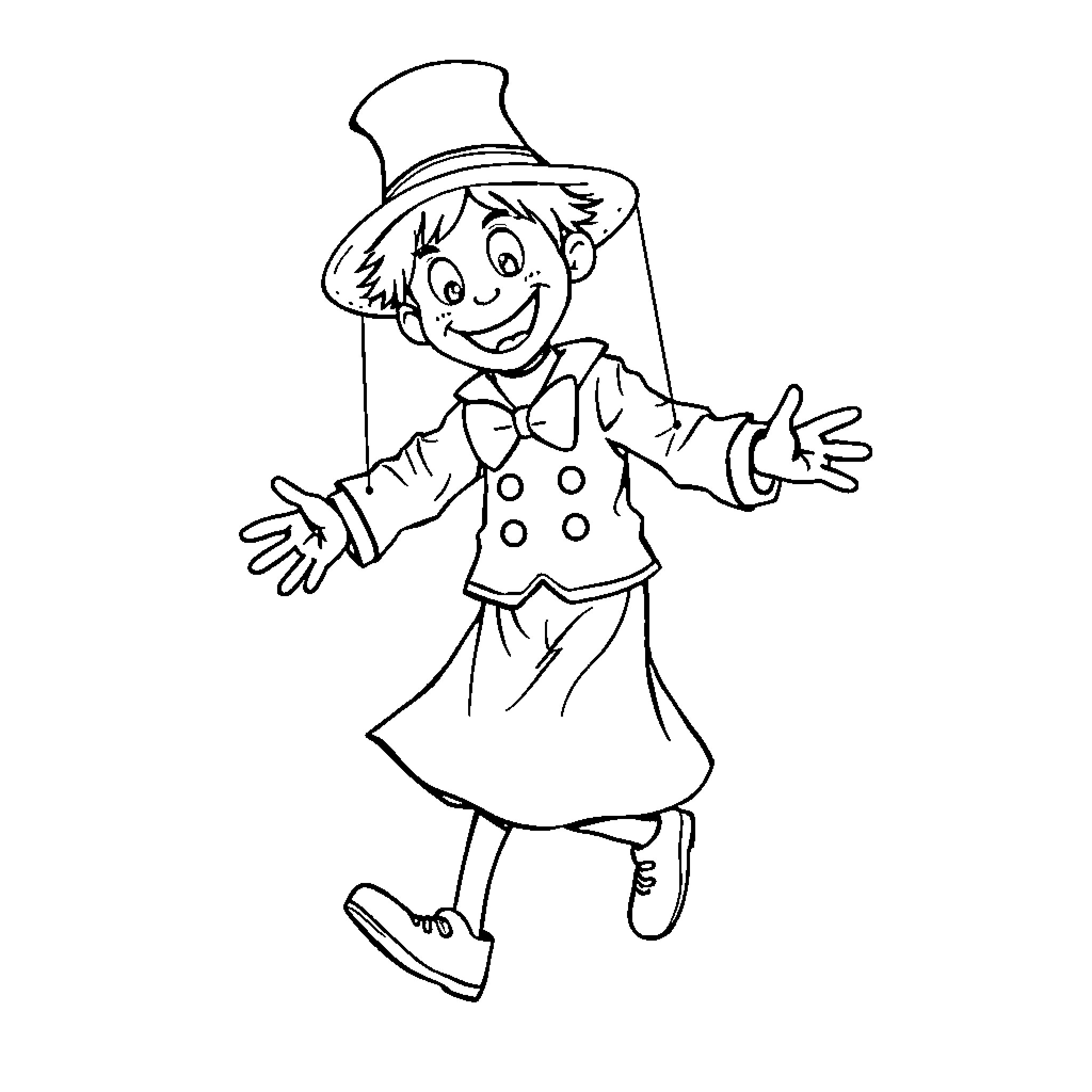 Person happily dancing in whimsical costume Coloring Page (free black-and-white line drawing printable PDF for all, from beginners to advanced learners, including children, teens, adults, and seniors)