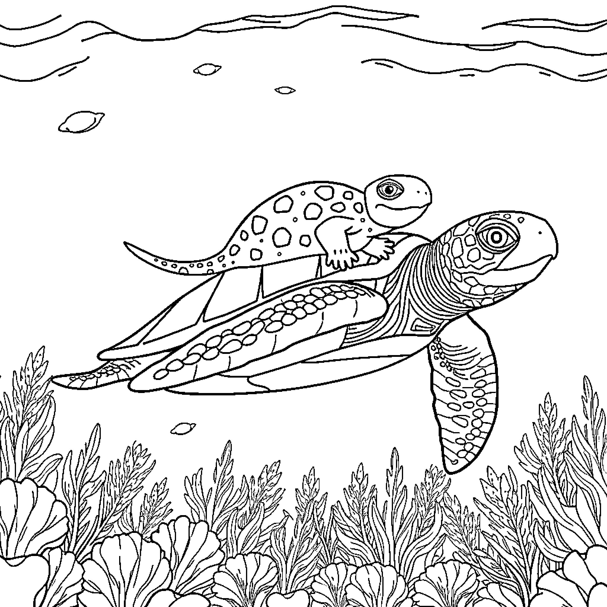 Axolotl swimming gracefully amidst vibrant marine life Coloring Page (free black-and-white line drawing printable PDF for all, from beginners to advanced learners, including children, teens, adults, and seniors)