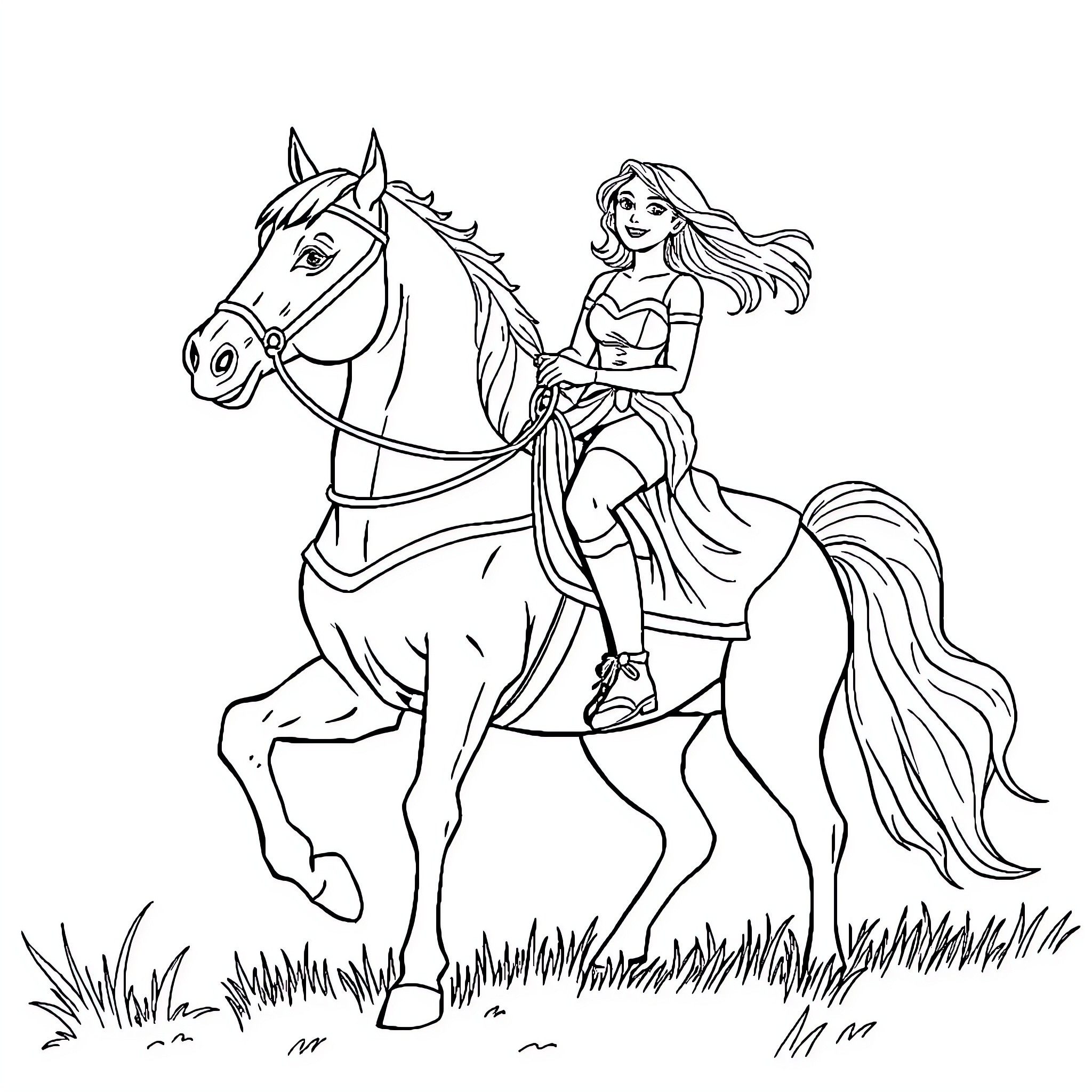 Horse and Rider Enjoying Outdoor Adventure Coloring Page (free black-and-white line drawing printable PDF for all, from beginners to advanced learners, including children, teens, adults, and seniors)