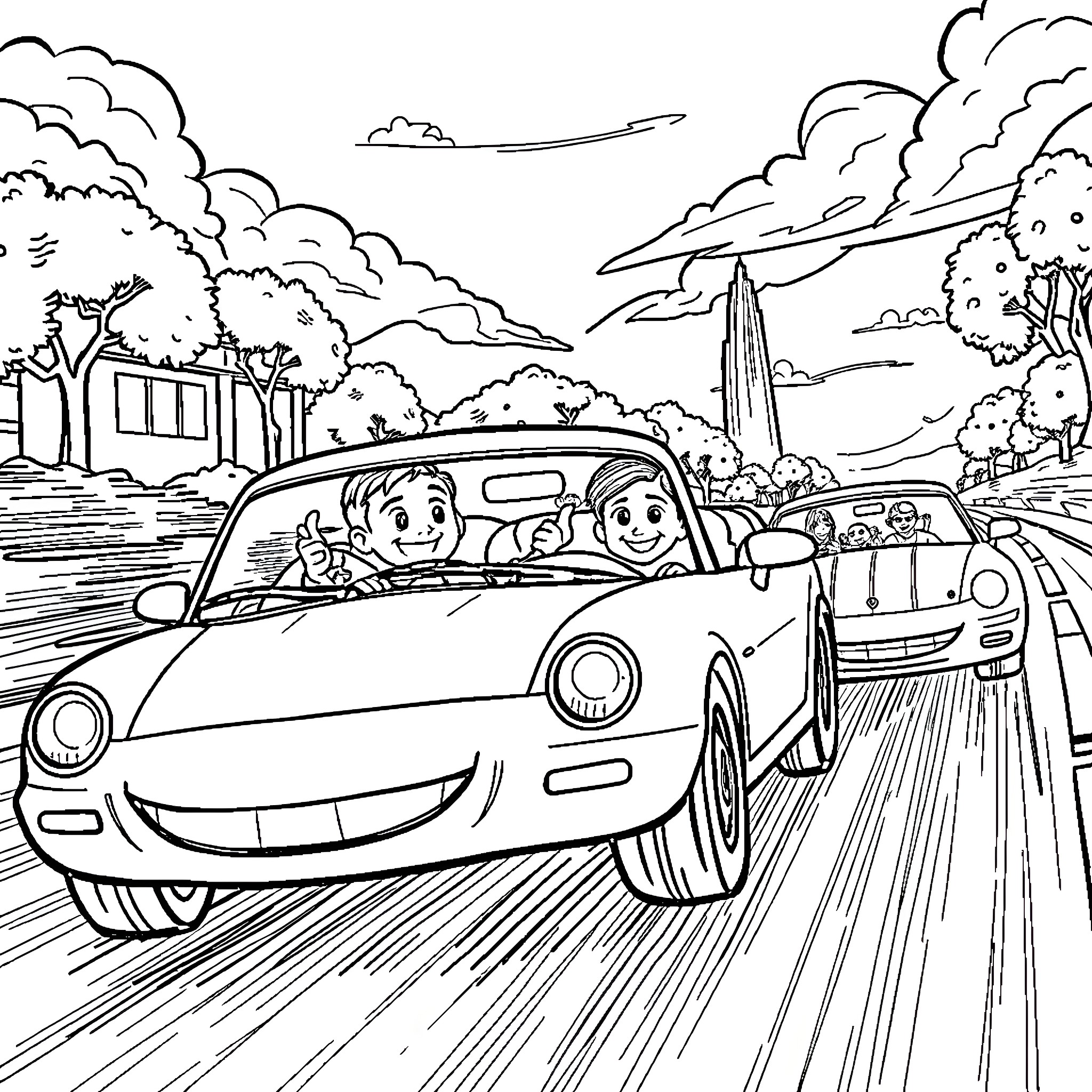 Car with happy passengers driving through scenic countryside Coloring Page (free black-and-white line drawing printable PDF for all, from beginners to advanced learners, including children, teens, adults, and seniors)