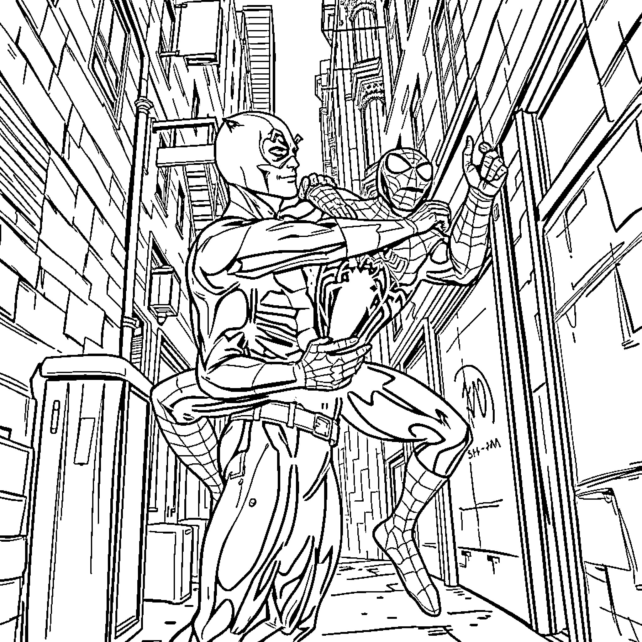 Daredevil heroic aerial maneuver in the city Coloring Page (free black-and-white line drawing printable PDF for all, from beginners to advanced learners, including children, teens, adults, and seniors)