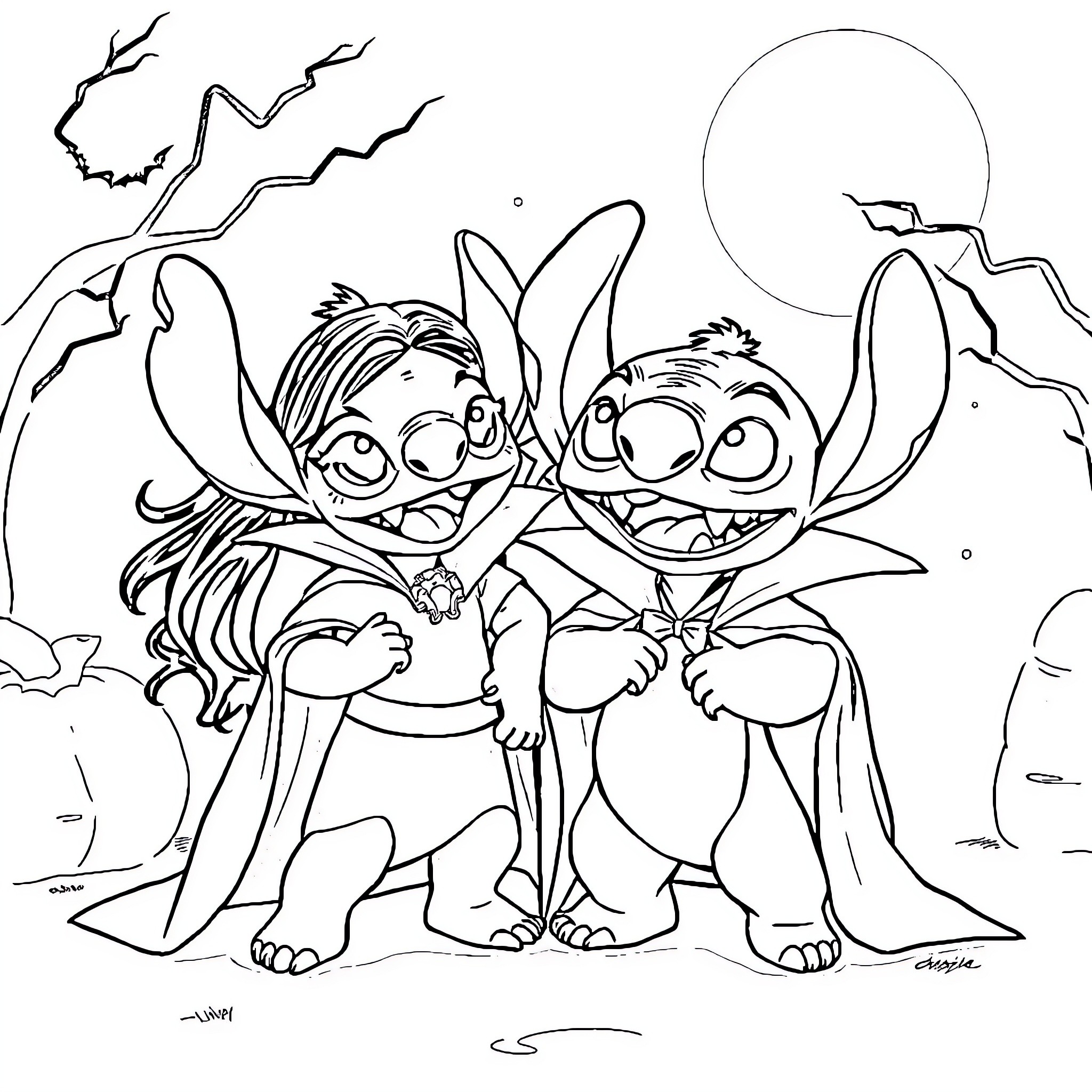 Vampire Stitch and Lilo in Spooky Adventure Coloring Page (free black-and-white line drawing printable PDF for all, from beginners to advanced learners, including children, teens, adults, and seniors)