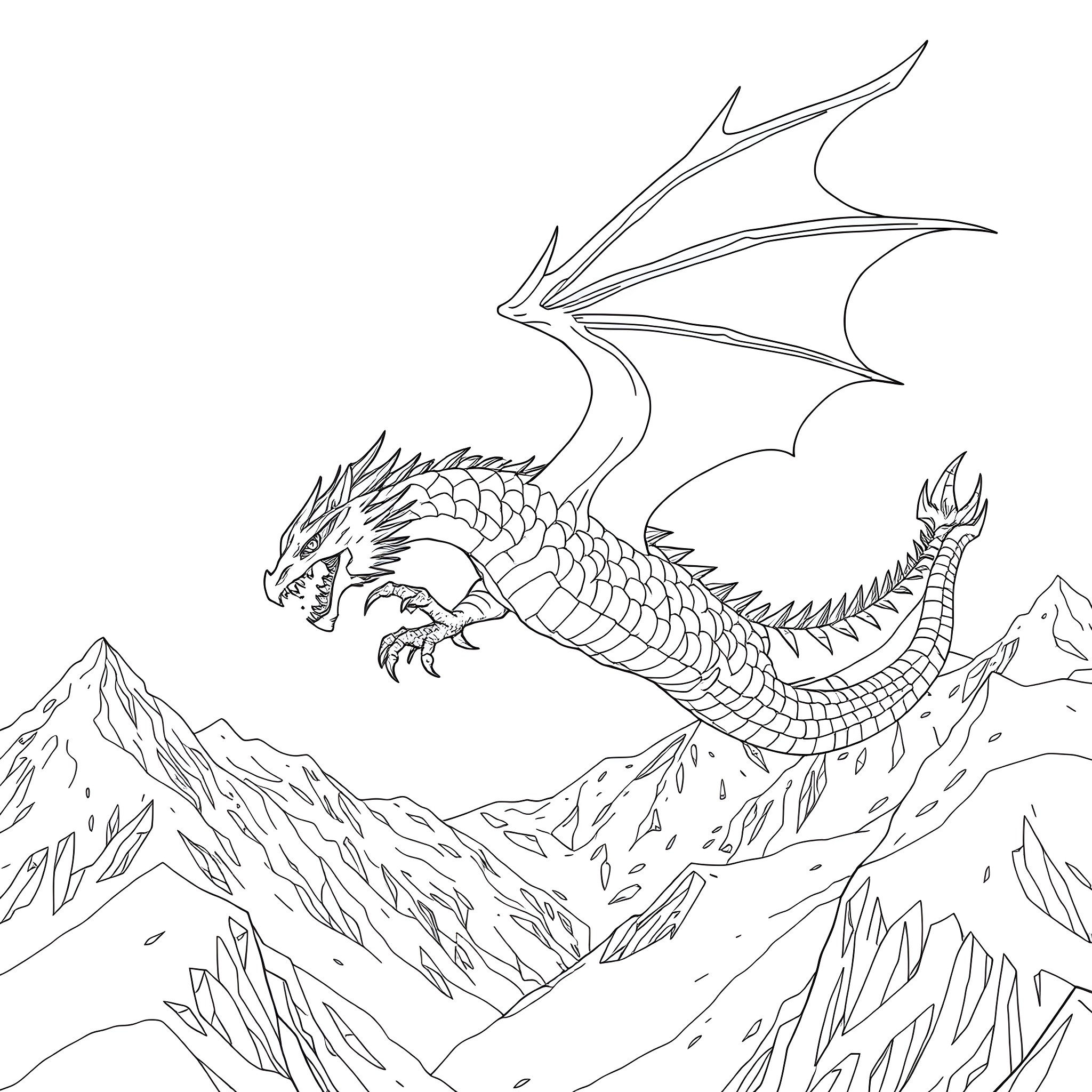 Ice Dragon soaring through snowy mountains Coloring Page (free black-and-white line drawing printable PDF for all, from beginners to advanced learners, including children, teens, adults, and seniors)