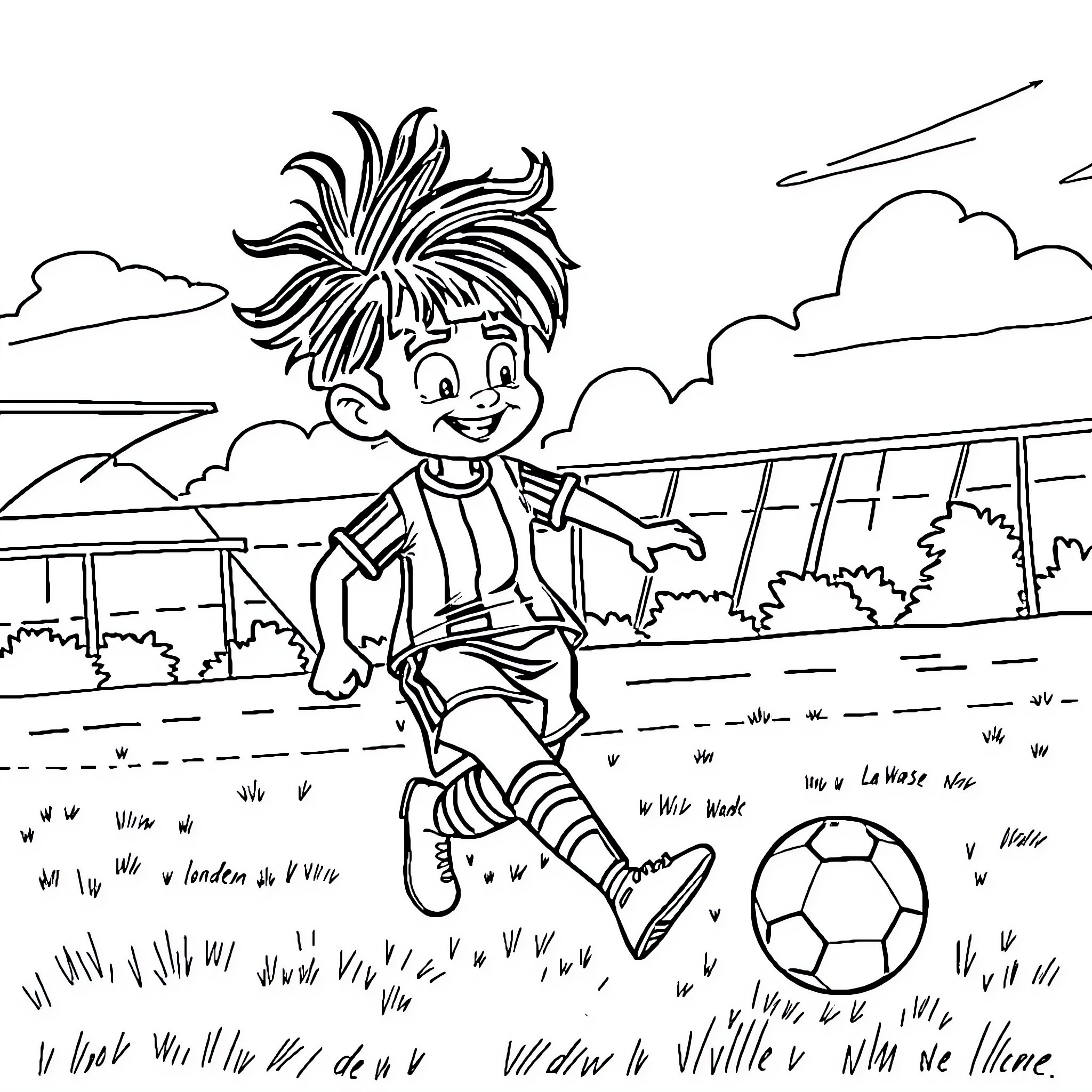 Wednesday - Boy playing joyfully with soccer ball outdoors Coloring Page (free black-and-white line drawing printable PDF for all, from beginners to advanced learners, including children, teens, adults, and seniors)