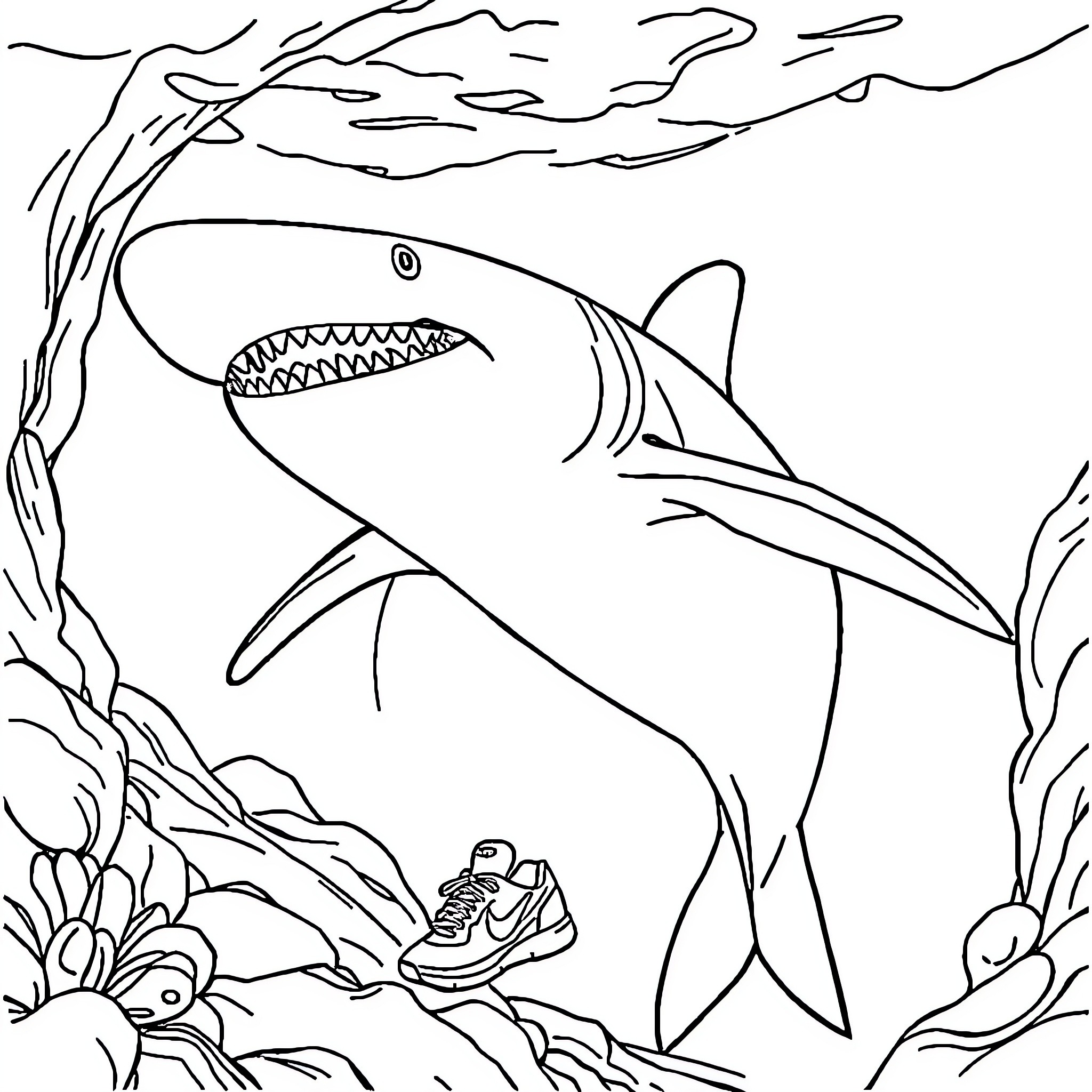 Tiburon swimming through underwater seascape Coloring Page (free black-and-white line drawing printable PDF for all, from beginners to advanced learners, including children, teens, adults, and seniors)