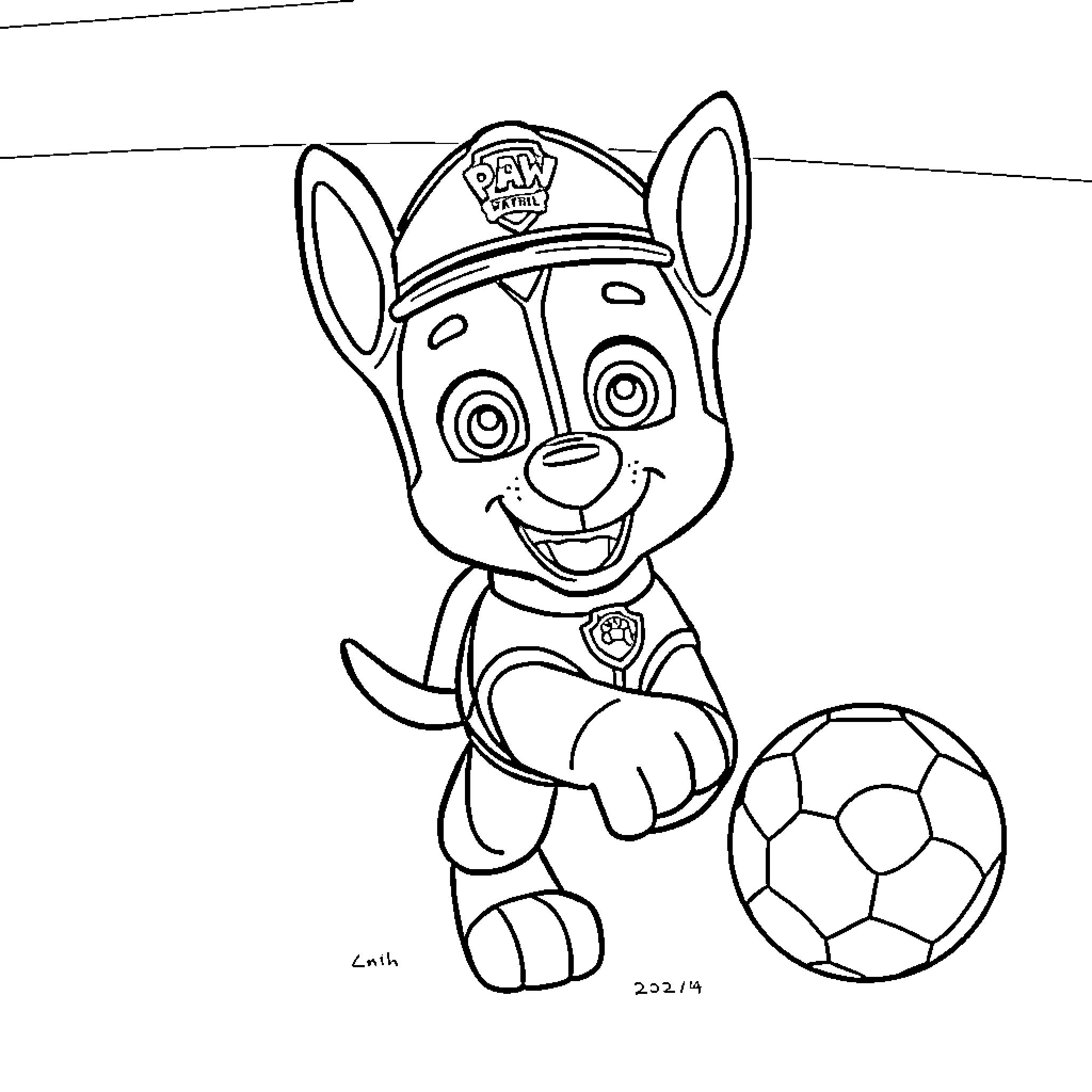 Chase the Playful Pup with Soccer Ball Coloring Page (free black-and-white line drawing printable PDF for all, from beginners to advanced learners, including children, teens, adults, and seniors)