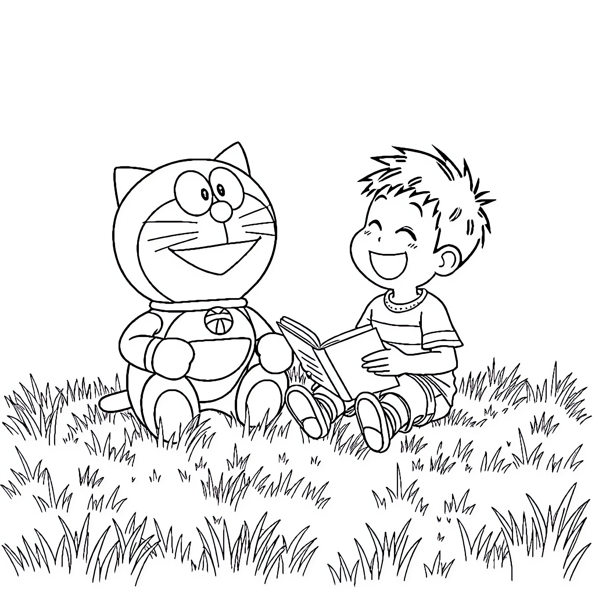 Doraemon and child relaxing in the grass Coloring Page (free black-and-white line drawing printable PDF for all, from beginners to advanced learners, including children, teens, adults, and seniors)