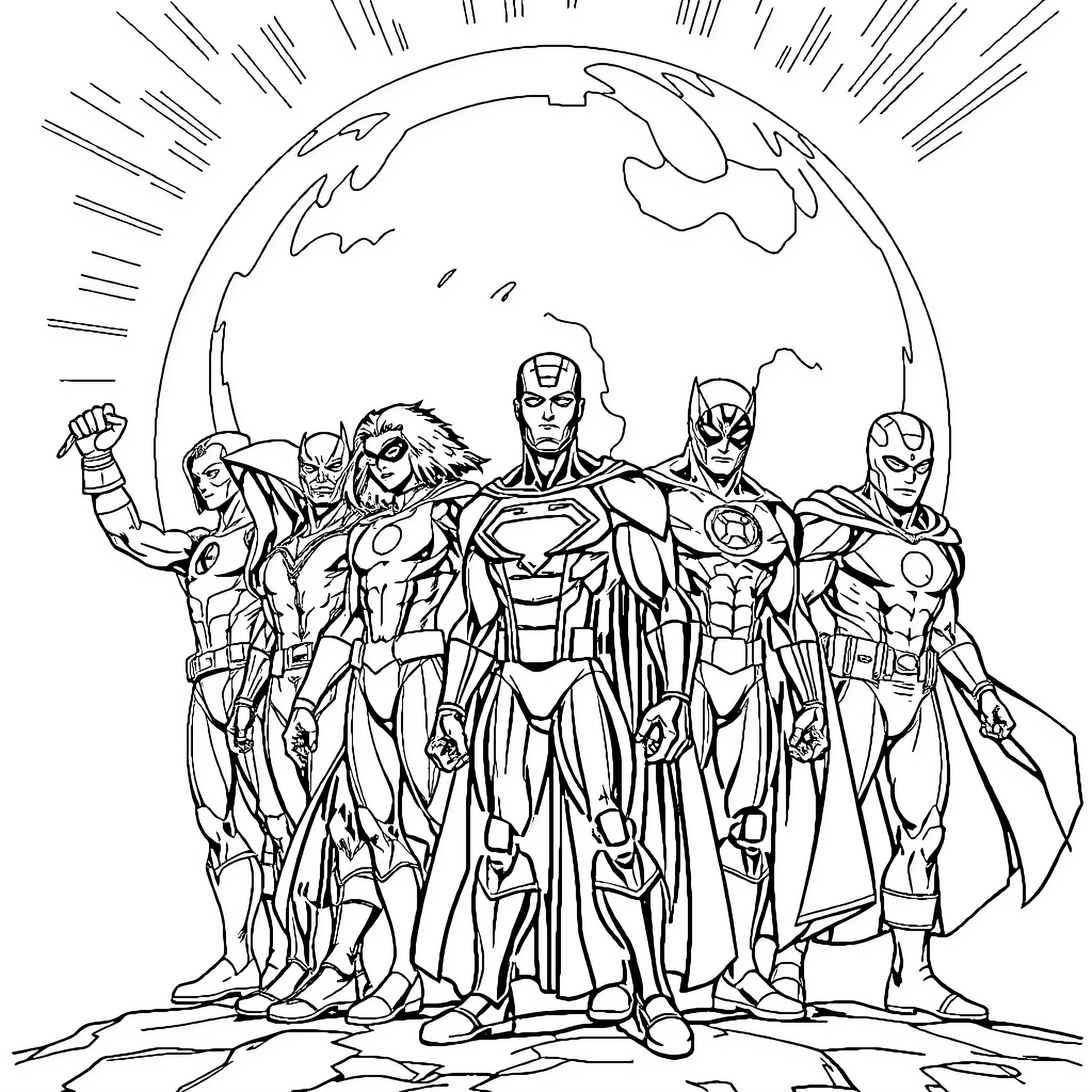 Marvel Superheroes Assembling to Protect the World Coloring Page (free black-and-white line drawing printable PDF for all, from beginners to advanced learners, including children, teens, adults, and seniors)