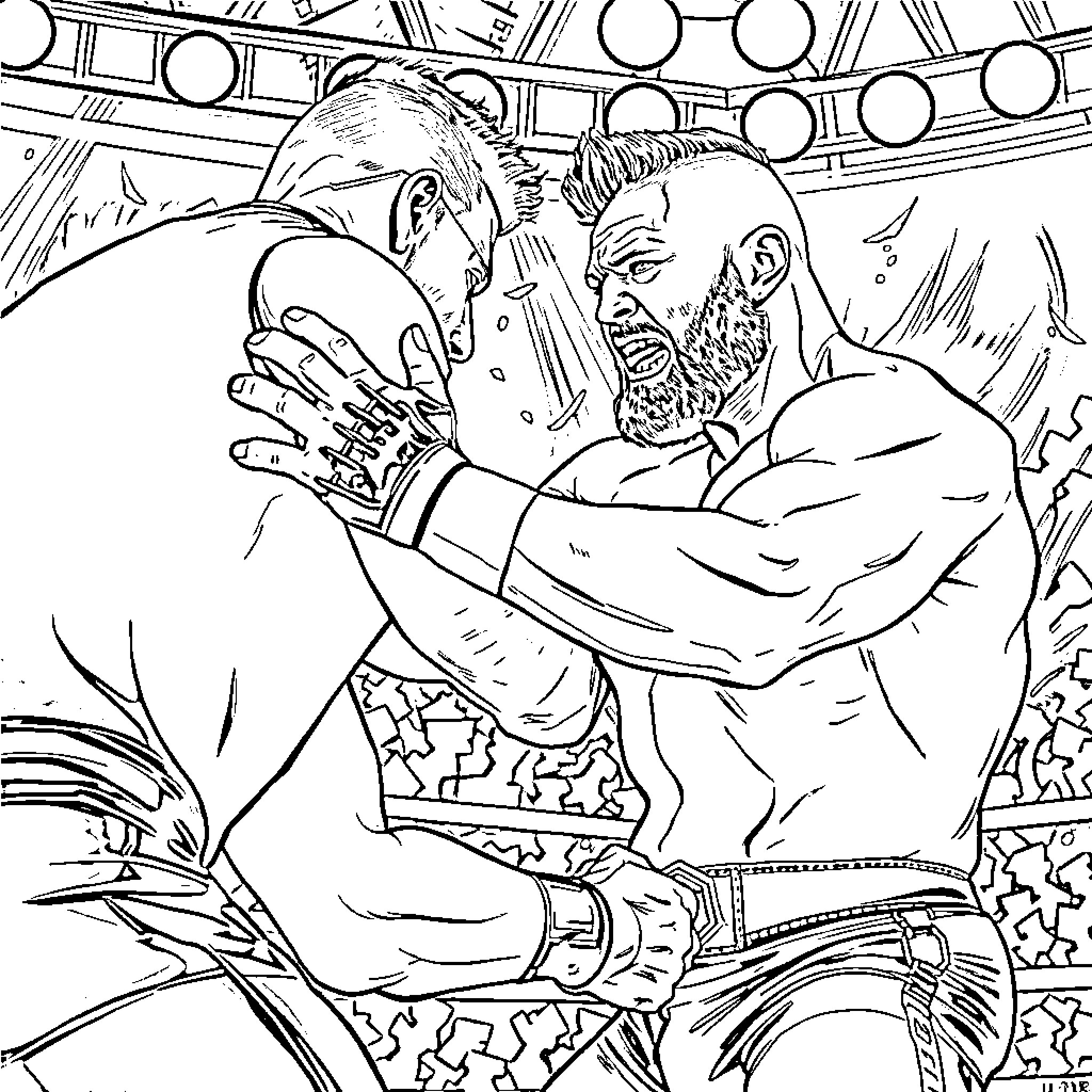 Cody Rhodes in intense wrestling match Coloring Page (free black-and-white line drawing printable PDF for all, from beginners to advanced learners, including children, teens, adults, and seniors)