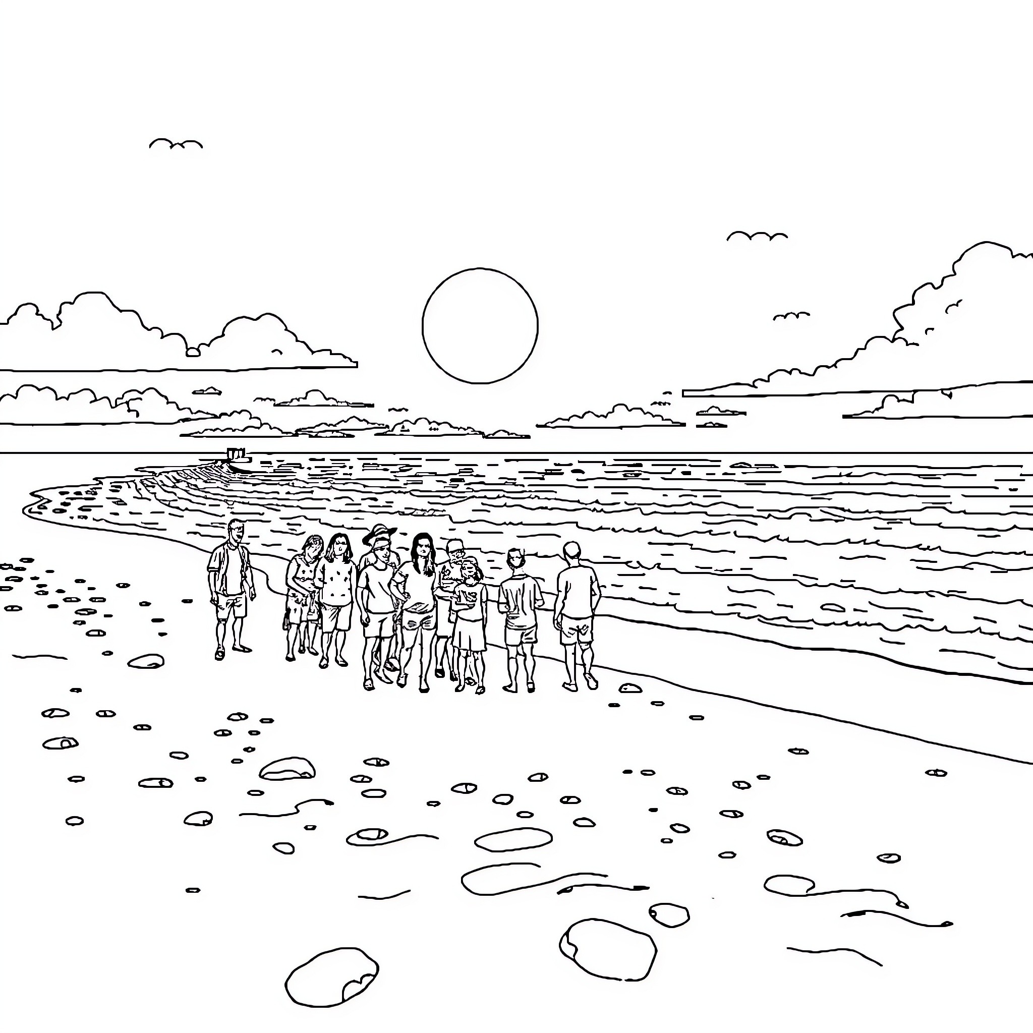 Beach scene with people enjoying the sun Coloring Page (free black-and-white line drawing printable PDF for all, from beginners to advanced learners, including children, teens, adults, and seniors)