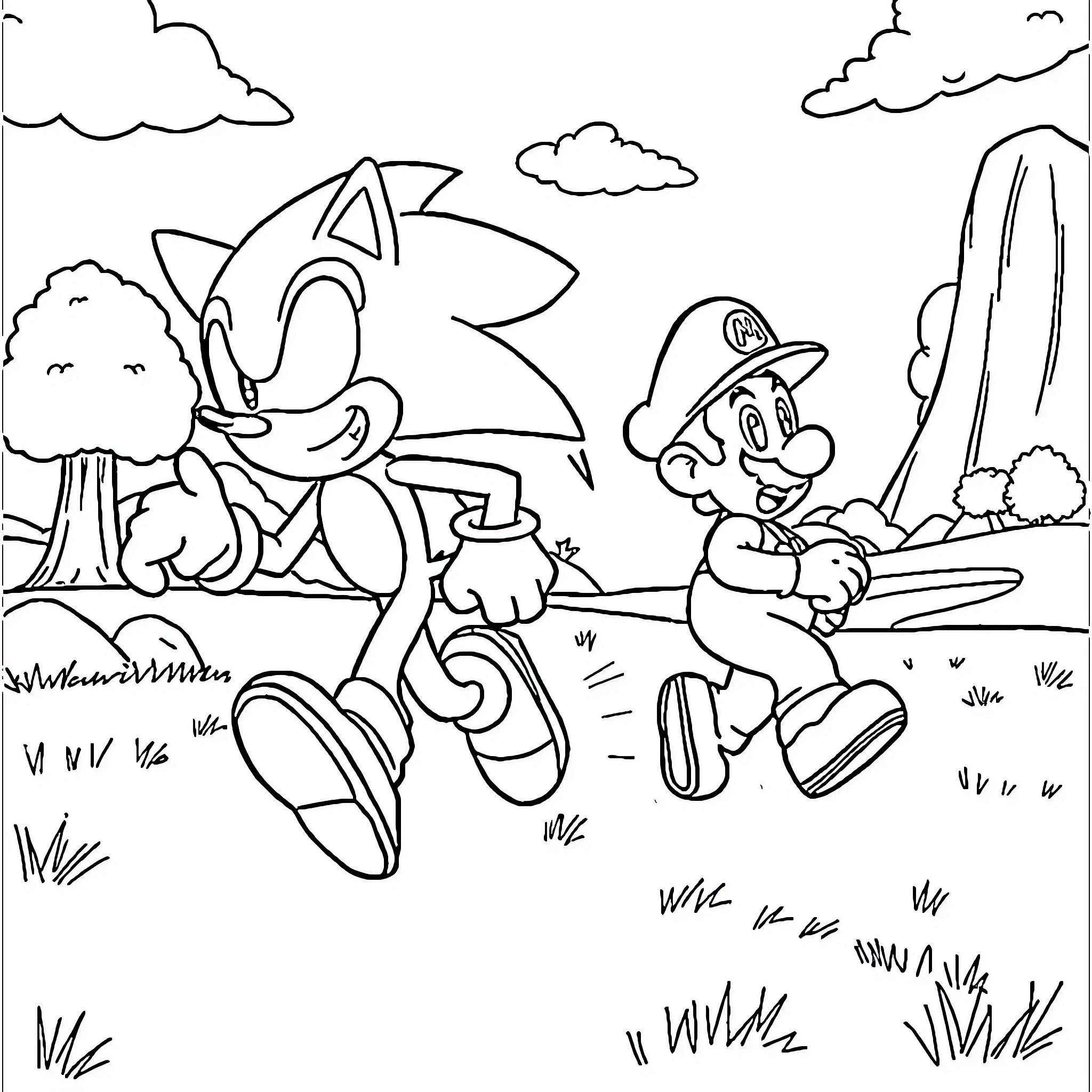 Sonic and Mario explore the forest together Coloring Page (free black-and-white line drawing printable PDF for all, from beginners to advanced learners, including children, teens, adults, and seniors)