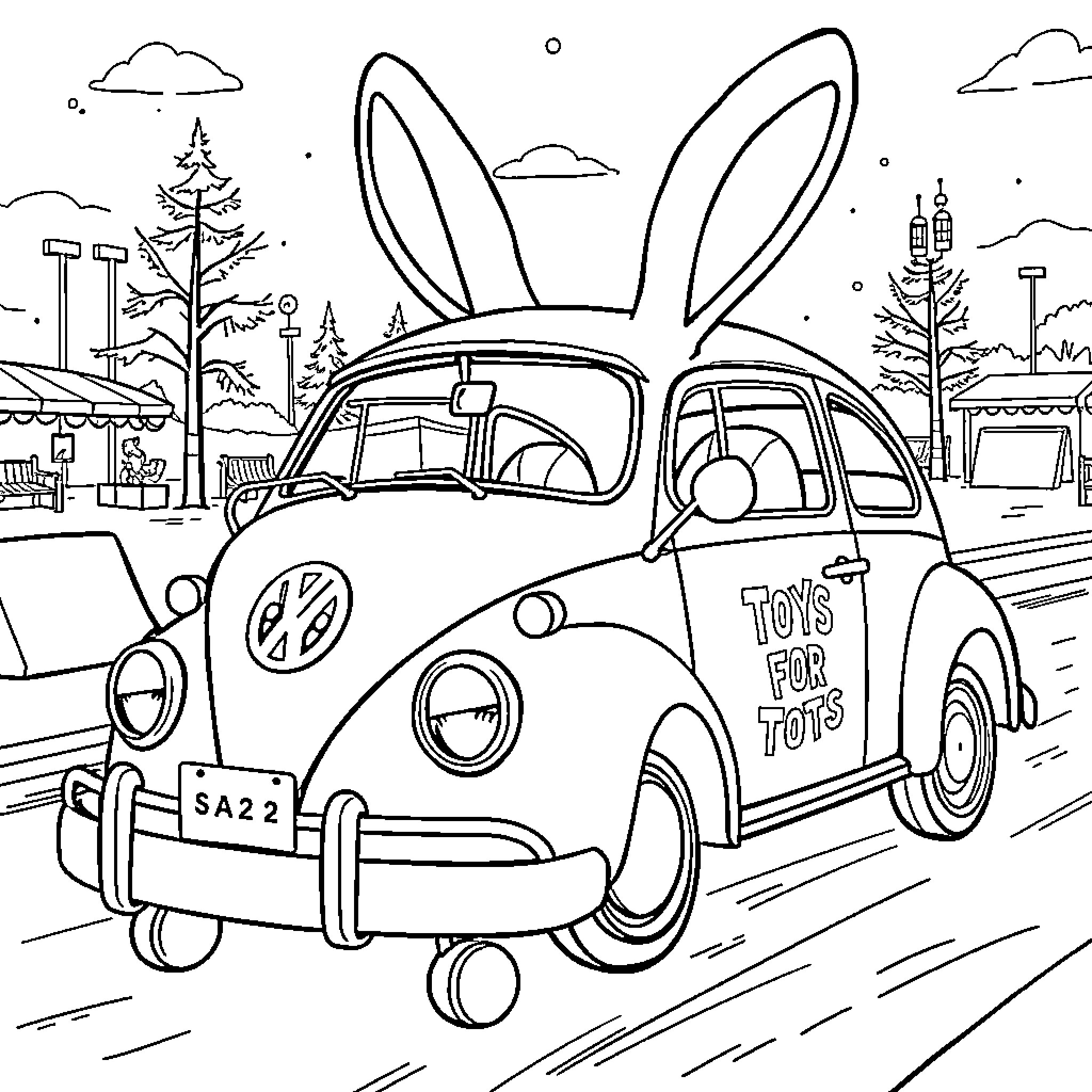 Volkswagen car with bunny ears delivering toys Coloring Page (free black-and-white line drawing printable PDF for all, from beginners to advanced learners, including children, teens, adults, and seniors)