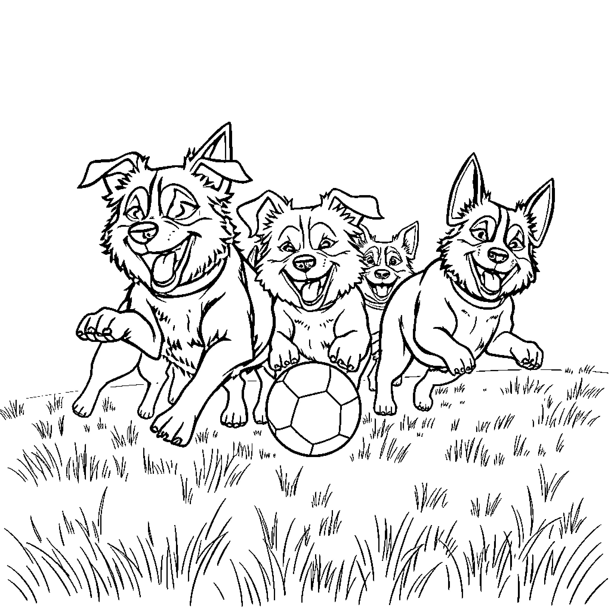 Dog Pack Playing with Soccer Ball Outdoors Coloring Page (free black-and-white line drawing printable PDF for all, from beginners to advanced learners, including children, teens, adults, and seniors)