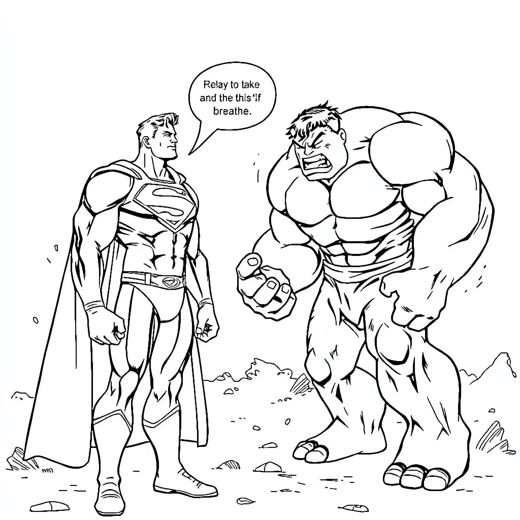 Superman and the Hulk-like Creature in Confrontation Coloring Page (free black-and-white line drawing printable PDF for all, from beginners to advanced learners, including children, teens, adults, and seniors)