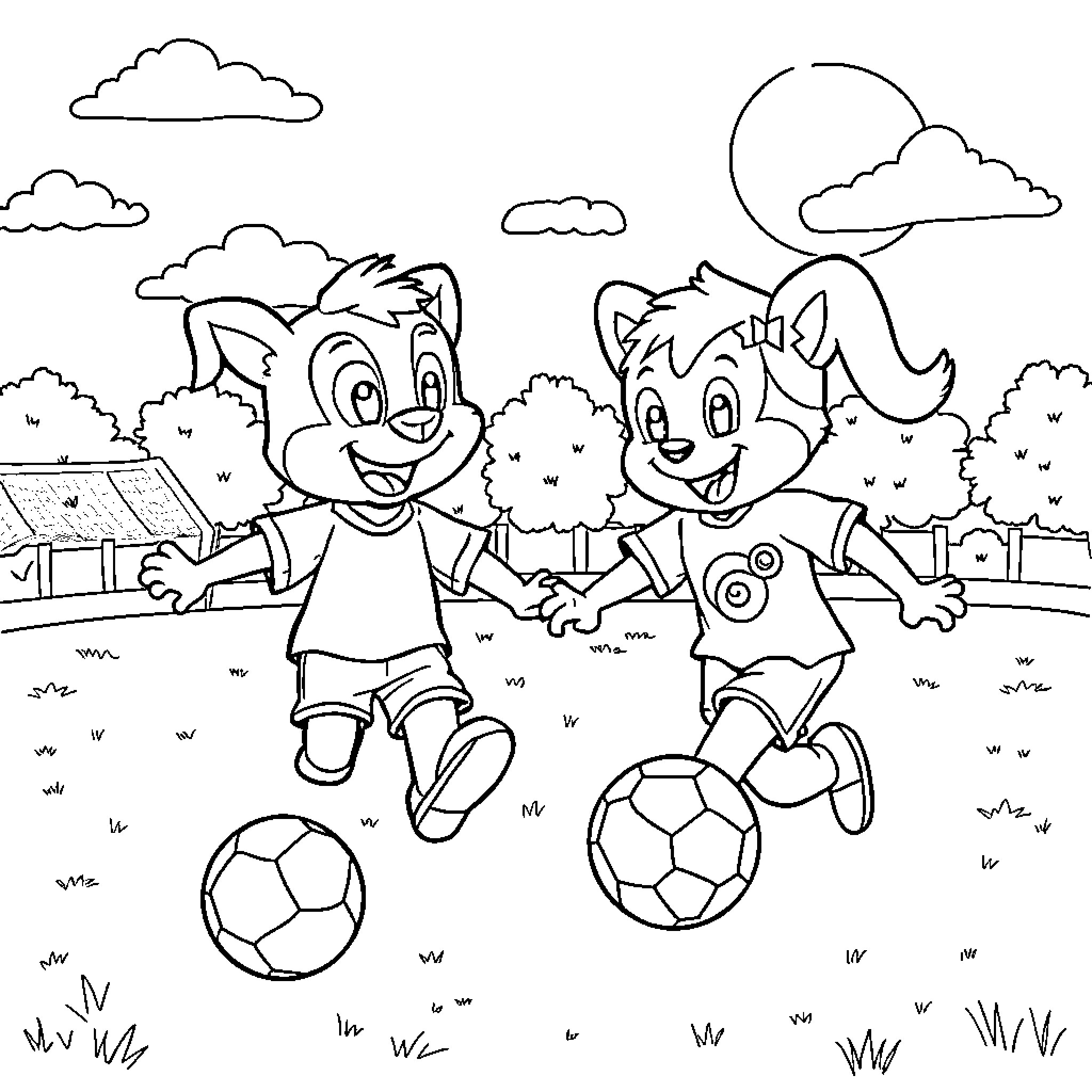 Bluey and Bingo playing happily with soccer ball Coloring Page (free black-and-white line drawing printable PDF for all, from beginners to advanced learners, including children, teens, adults, and seniors)