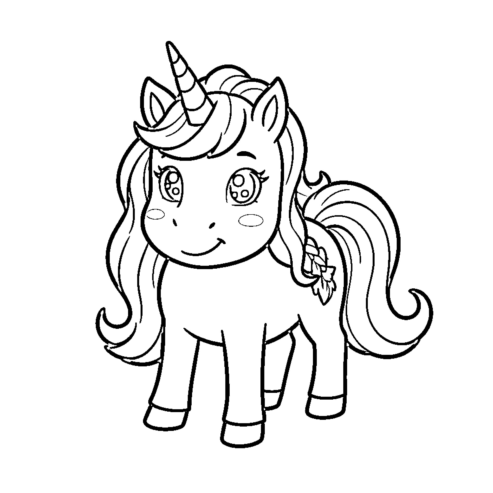 Baby Unicorn smiling with long wavy hair Coloring Page (free black-and-white line drawing printable PDF for all, from beginners to advanced learners, including children, teens, adults, and seniors)