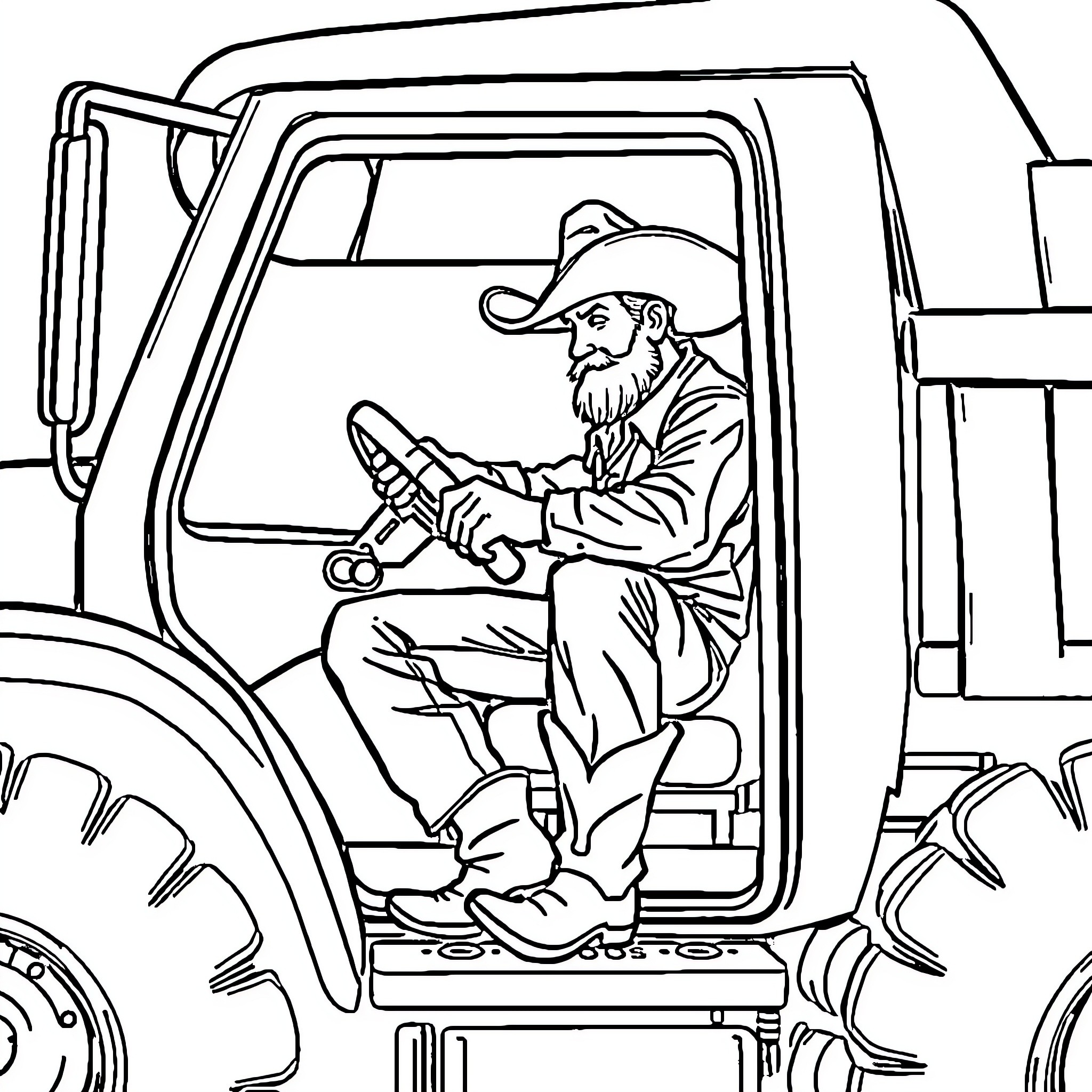 Cowboy driving tractor on the farm Coloring Page (free black-and-white line drawing printable PDF for all, from beginners to advanced learners, including children, teens, adults, and seniors)