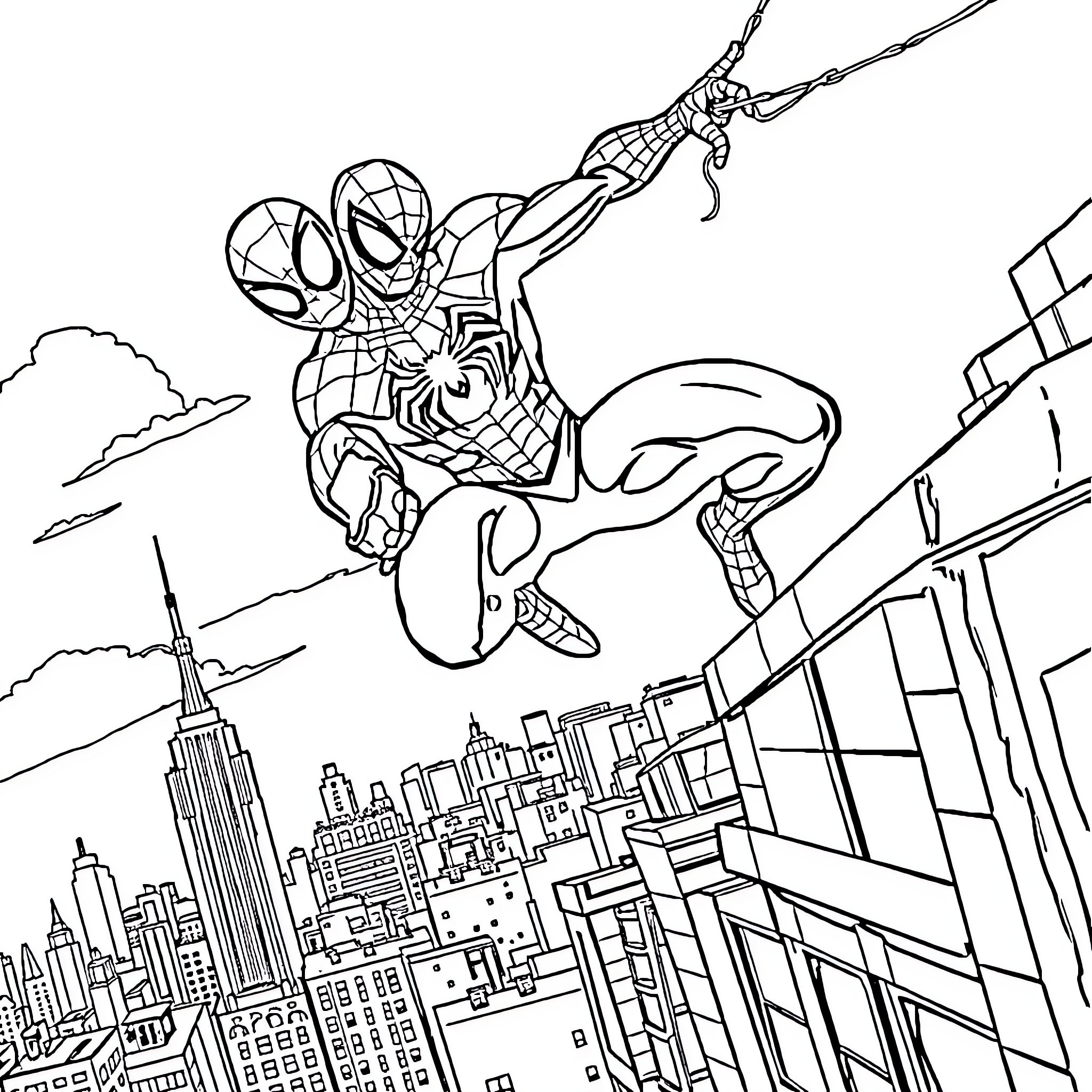 Spiderman swinging through the city skyline Coloring Page (free black-and-white line drawing printable PDF for all, from beginners to advanced learners, including children, teens, adults, and seniors)