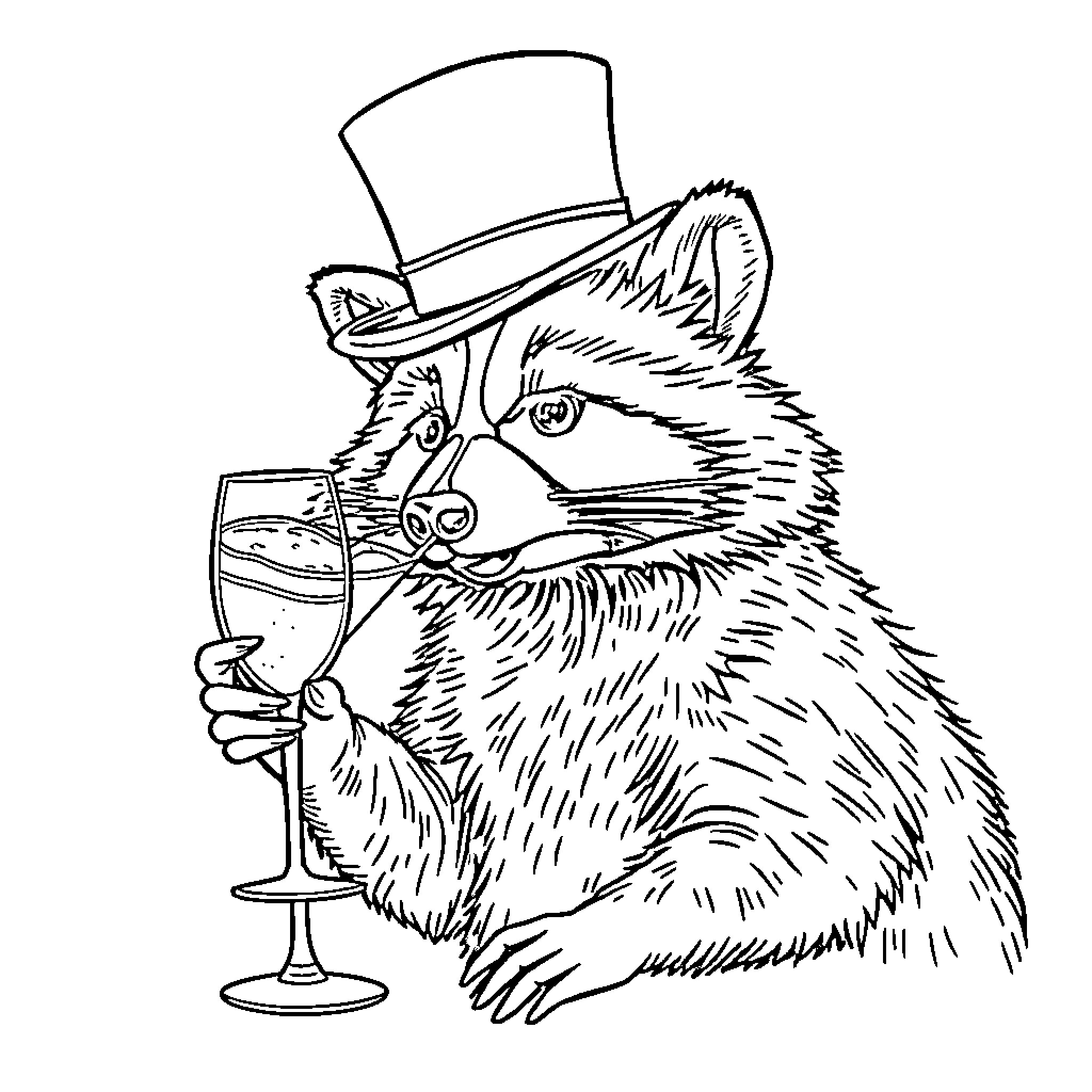Raccoon enjoying a fancy beverage in a top hat Coloring Page (free black-and-white line drawing printable PDF for all, from beginners to advanced learners, including children, teens, adults, and seniors)