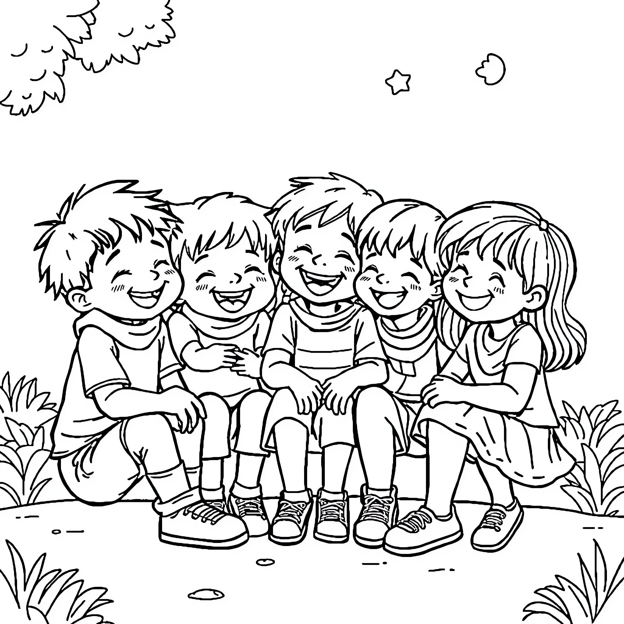 Child Friends Enjoying Outdoor Time Together Coloring Page (free black-and-white line drawing printable PDF for all, from beginners to advanced learners, including children, teens, adults, and seniors)
