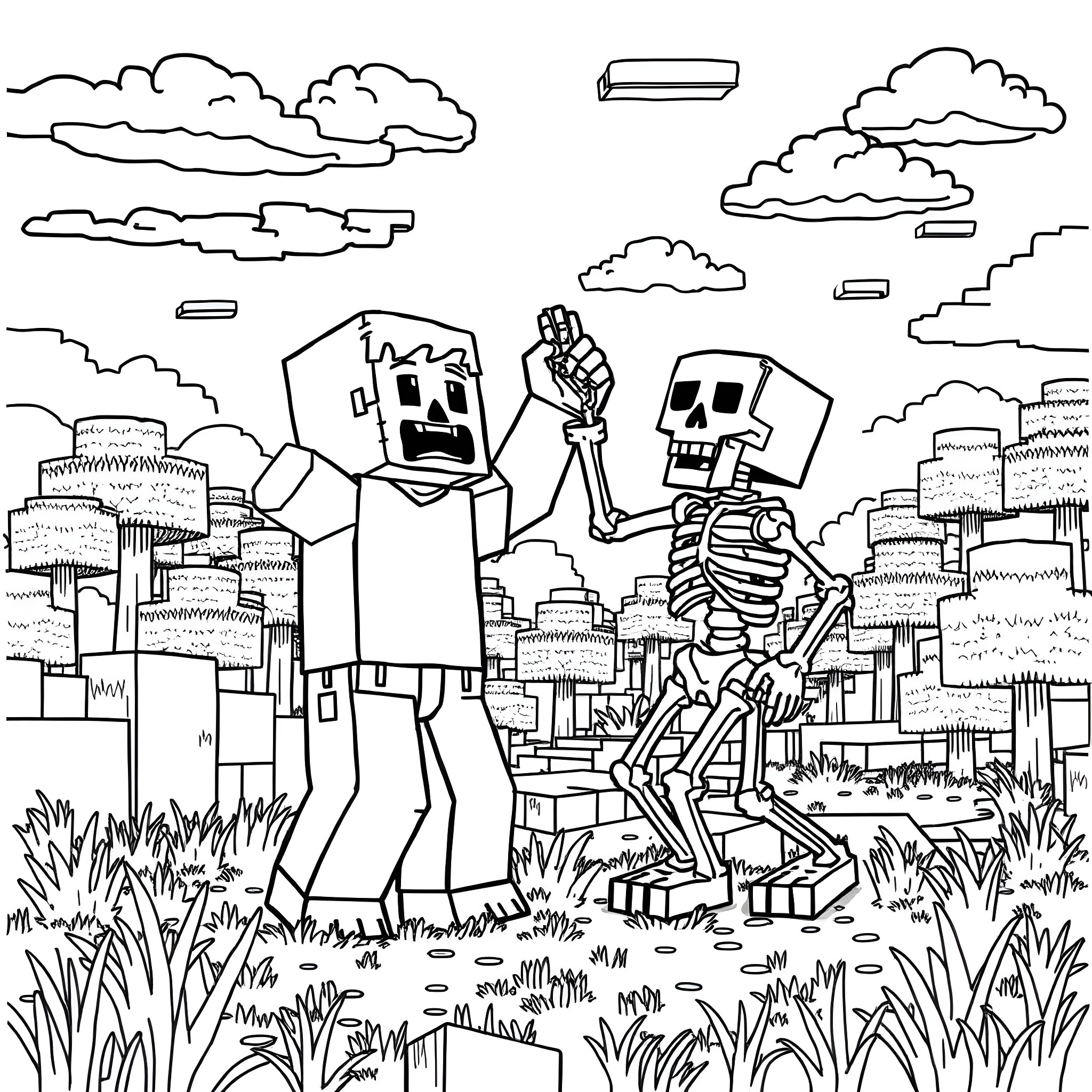 Minecraft Steve fighting a skeleton in a city landscape Coloring Page (free black-and-white line drawing printable PDF for all, from beginners to advanced learners, including children, teens, adults, and seniors)