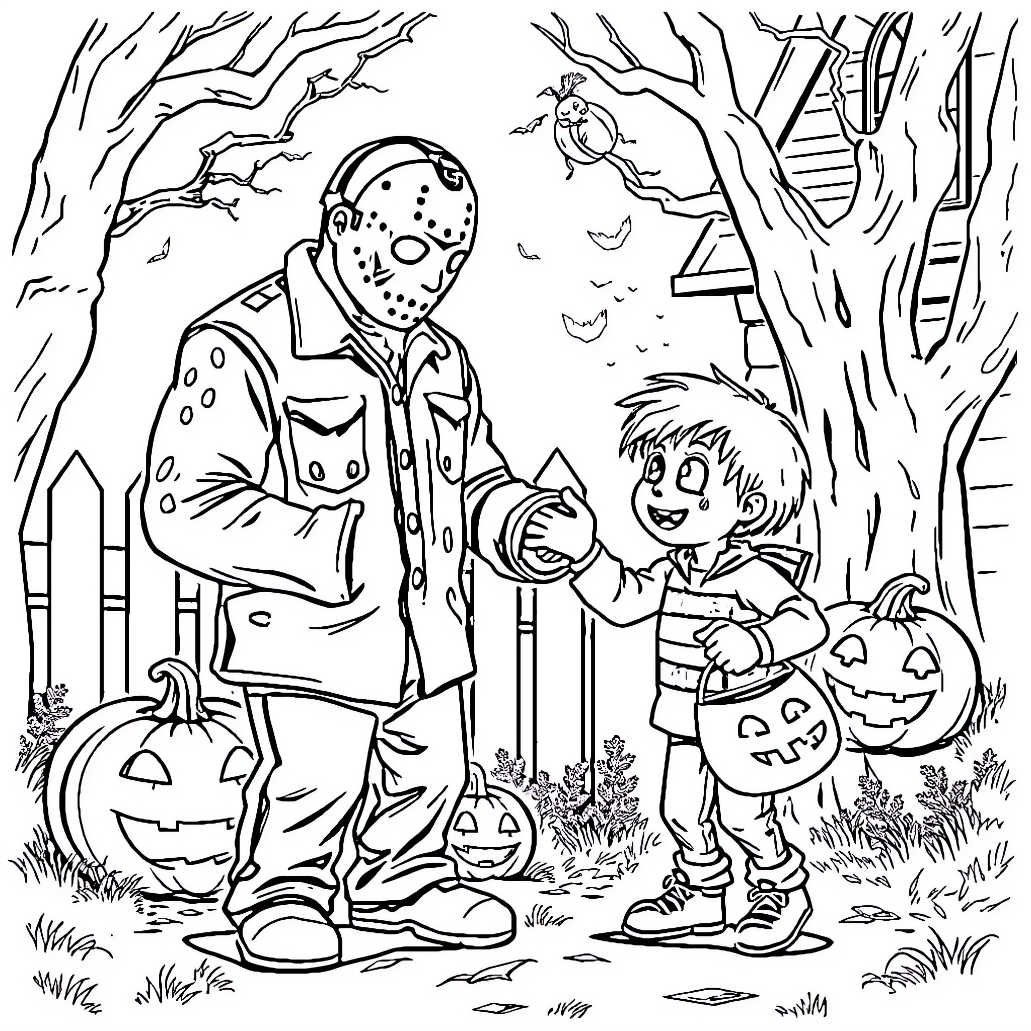 Jason Vorhees interacting with a child in a forest setting Coloring Page (free black-and-white line drawing printable PDF for all, from beginners to advanced learners, including children, teens, adults, and seniors)