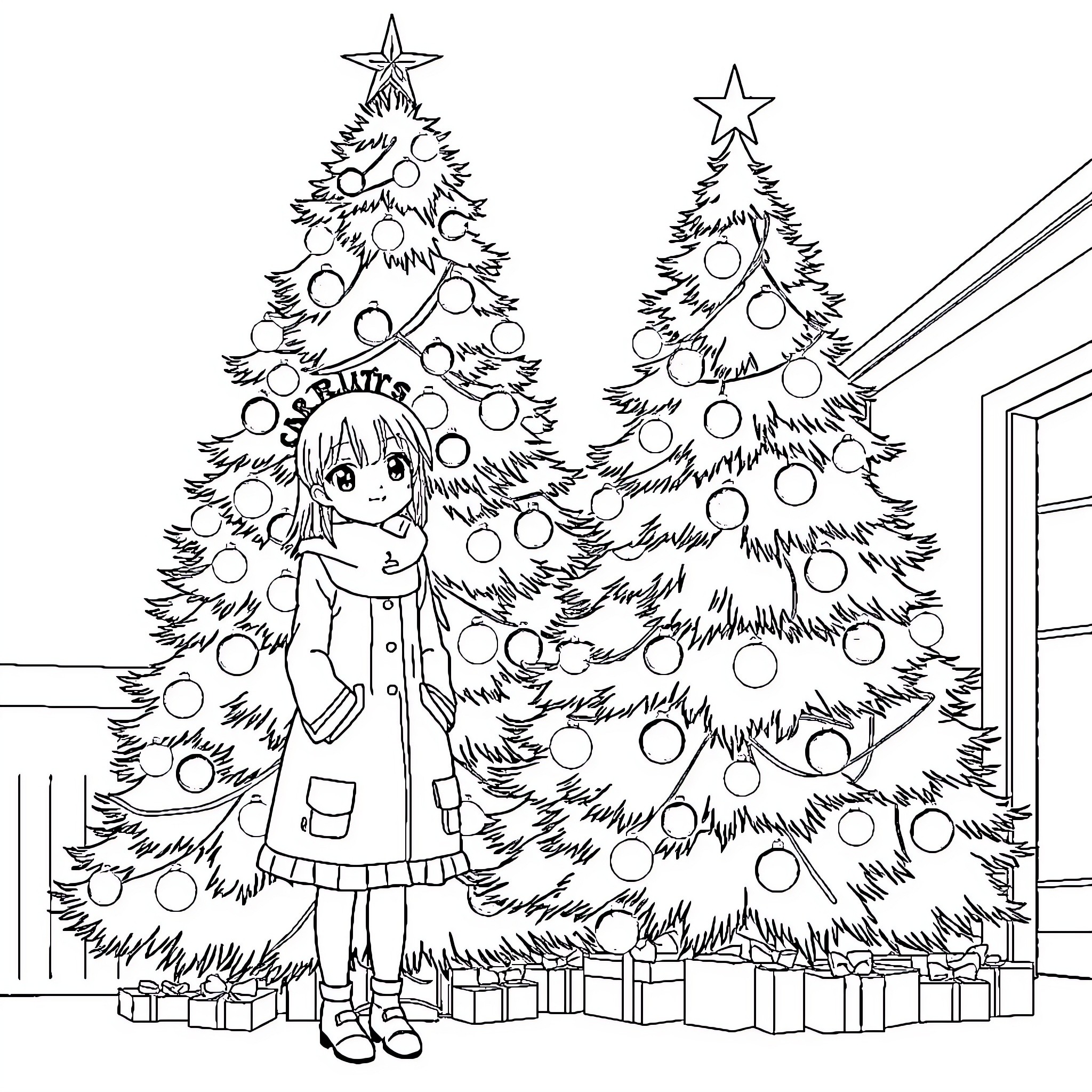 Kento Nanami standing in front of decorated Christmas trees Coloring Page (free black-and-white line drawing printable PDF for all, from beginners to advanced learners, including children, teens, adults, and seniors)