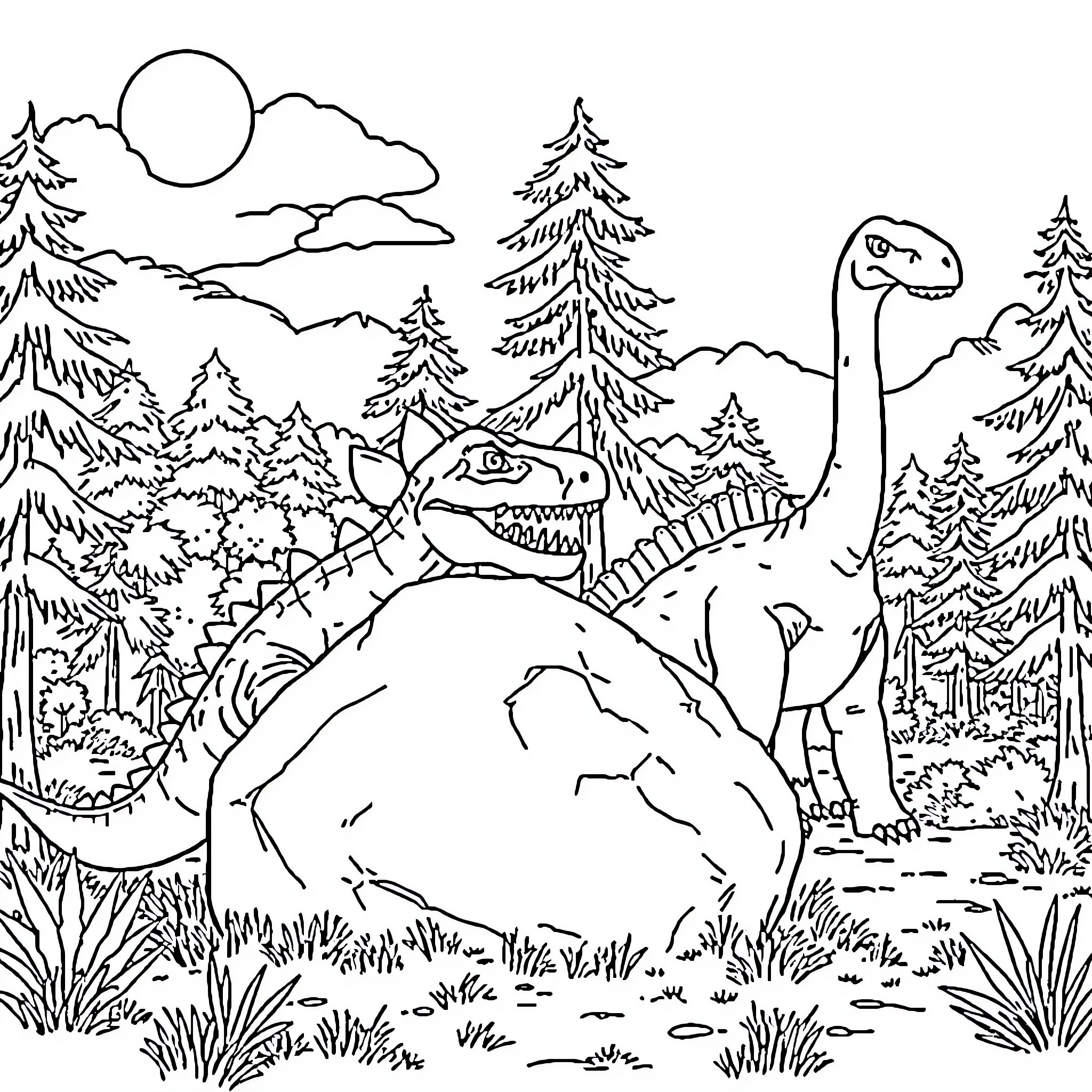 Dinosaur exploring the enchanting forest landscape Coloring Page (free black-and-white line drawing printable PDF for all, from beginners to advanced learners, including children, teens, adults, and seniors)