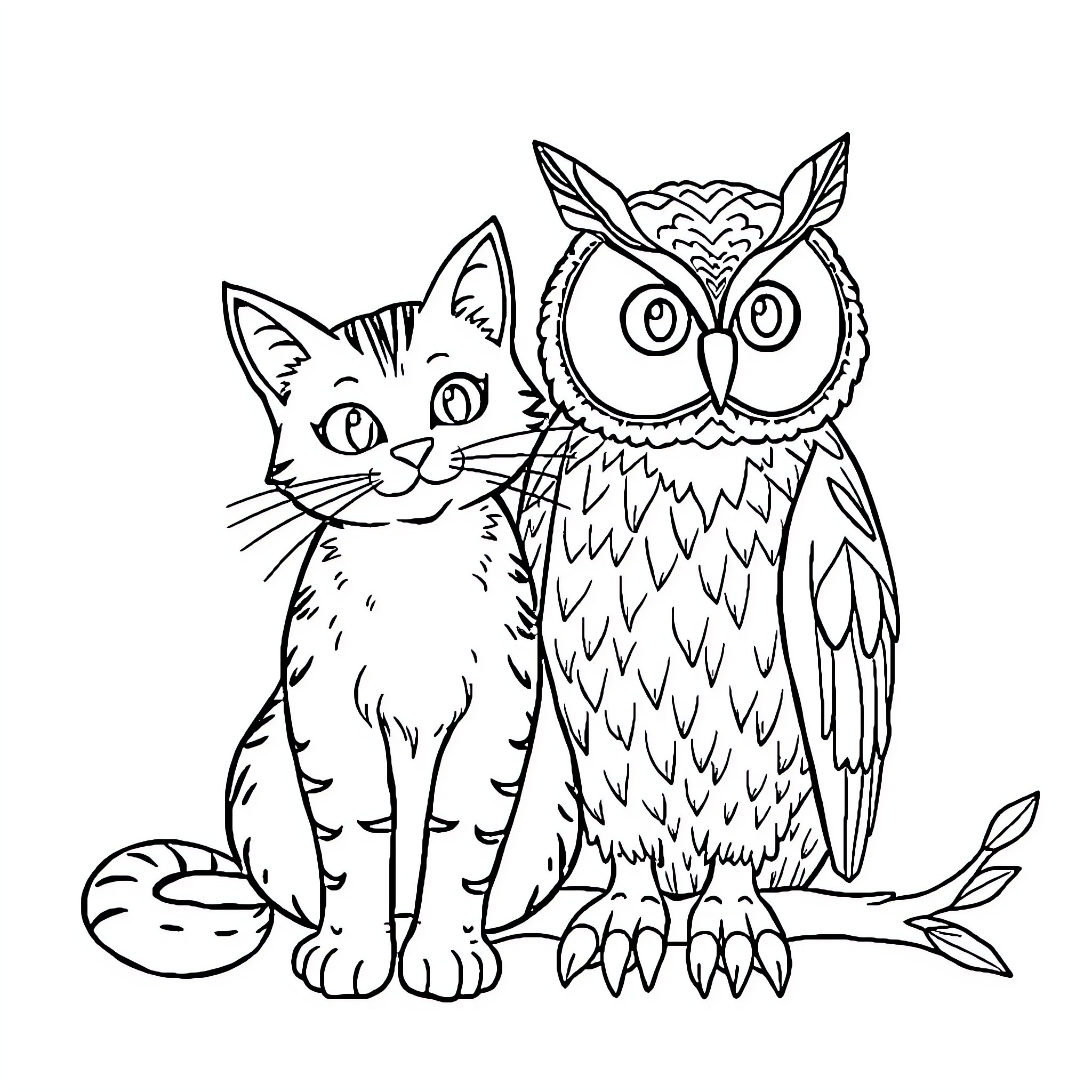 Cat and Owl Sitting Together in Forest Coloring Page (free black-and-white line drawing printable PDF for all, from beginners to advanced learners, including children, teens, adults, and seniors)