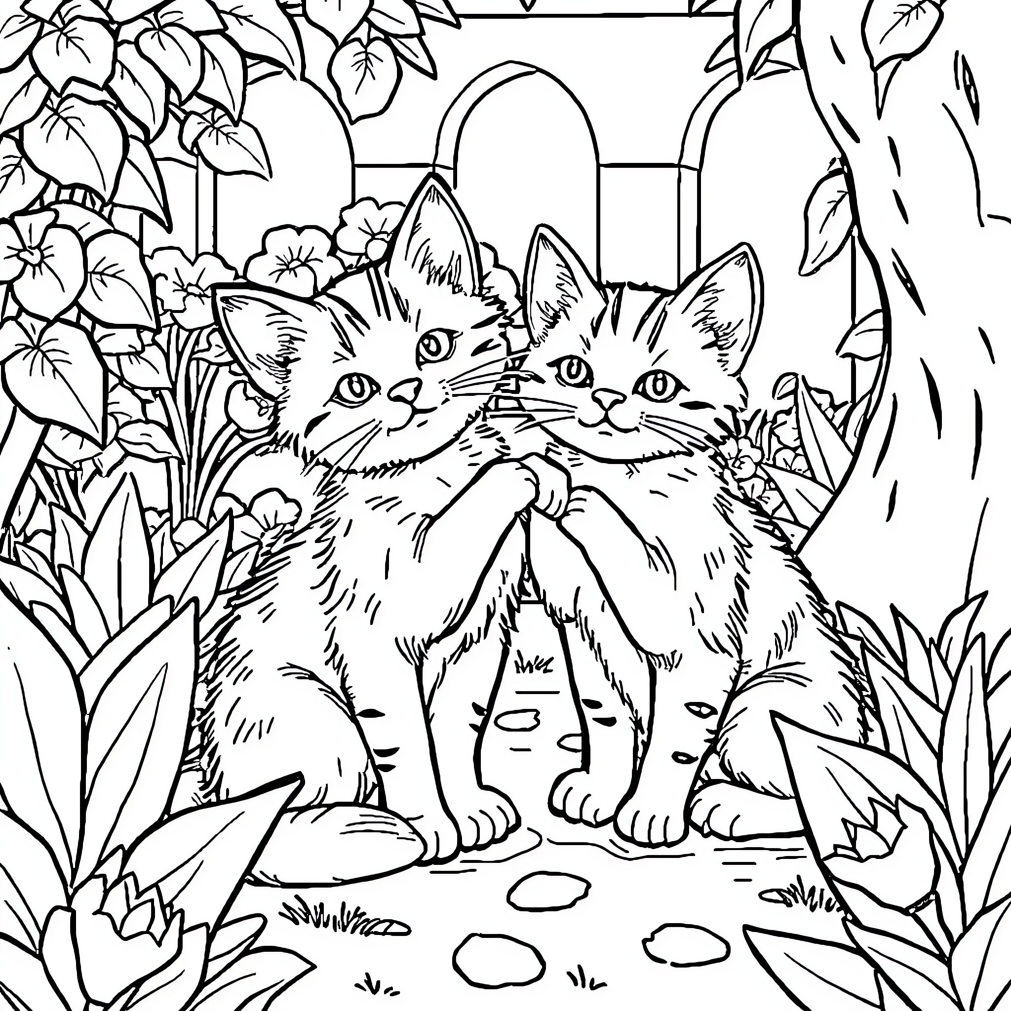 Kittens playing in a vibrant garden Coloring Page (free black-and-white line drawing printable PDF for all, from beginners to advanced learners, including children, teens, adults, and seniors)
