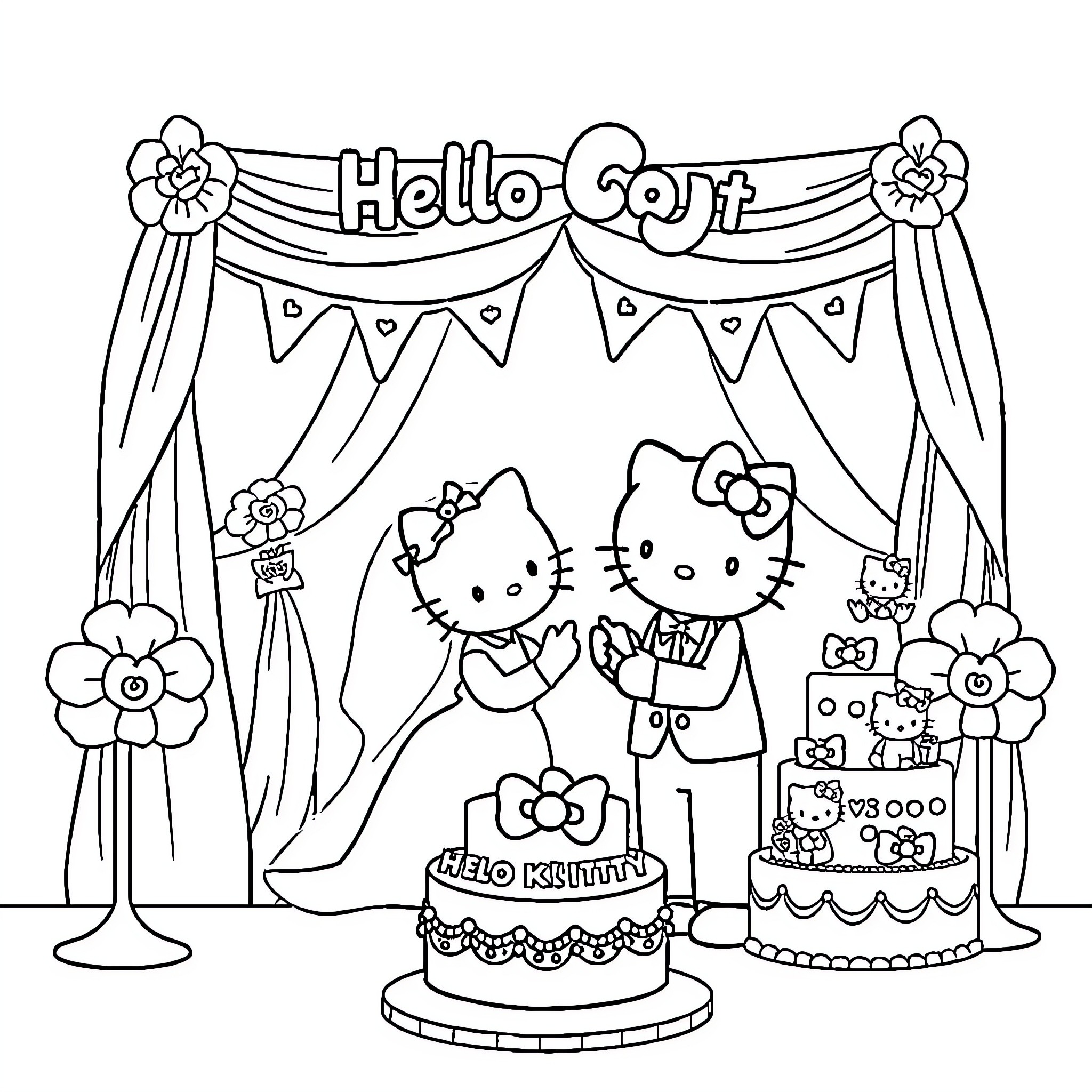 Hello Kitty's Fun Party Celebration Coloring Page (free black-and-white line drawing printable PDF for all, from beginners to advanced learners, including children, teens, adults, and seniors)