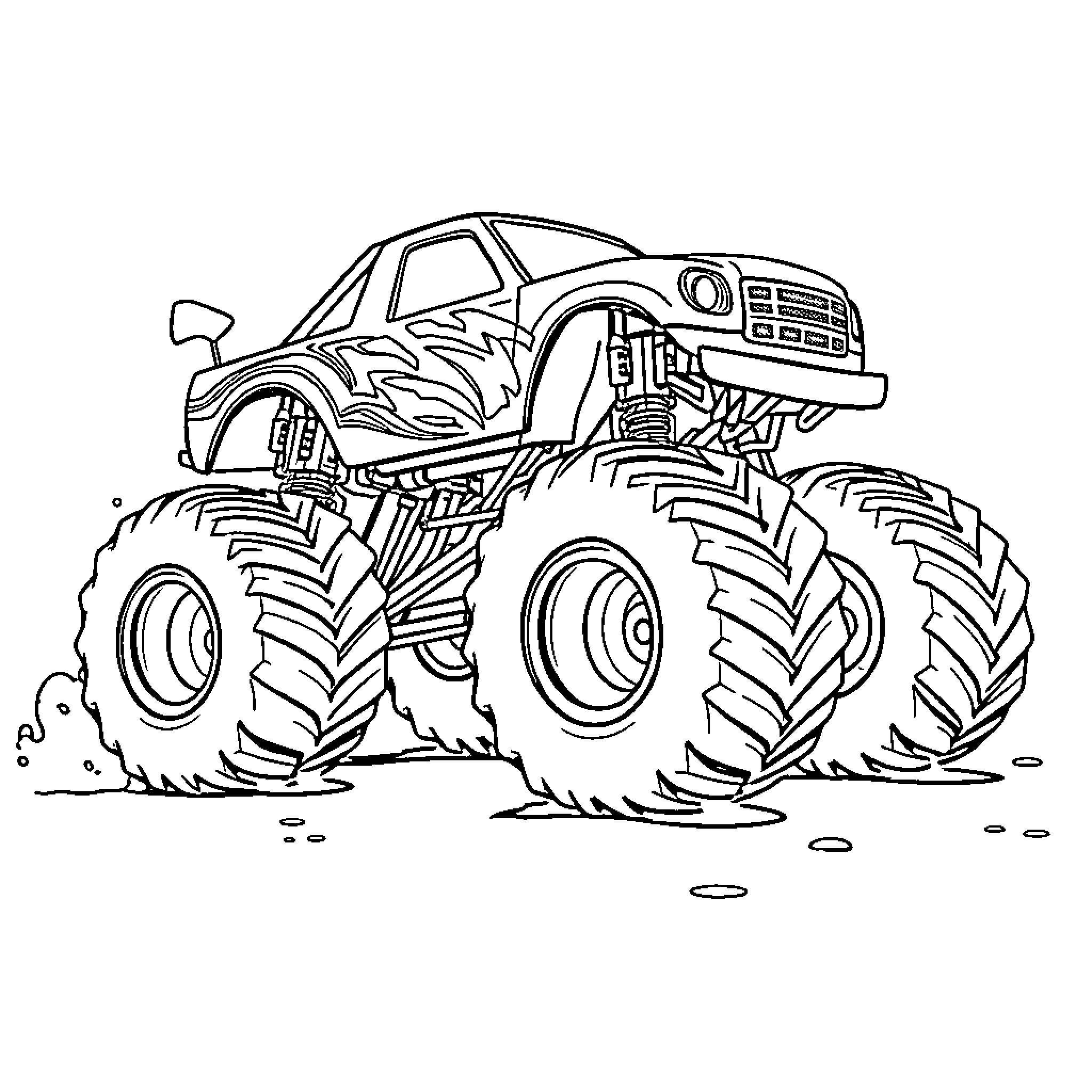 Monster Truck Crushing Through Obstacles Coloring Page (free black-and-white line drawing printable PDF for all, from beginners to advanced learners, including children, teens, adults, and seniors)