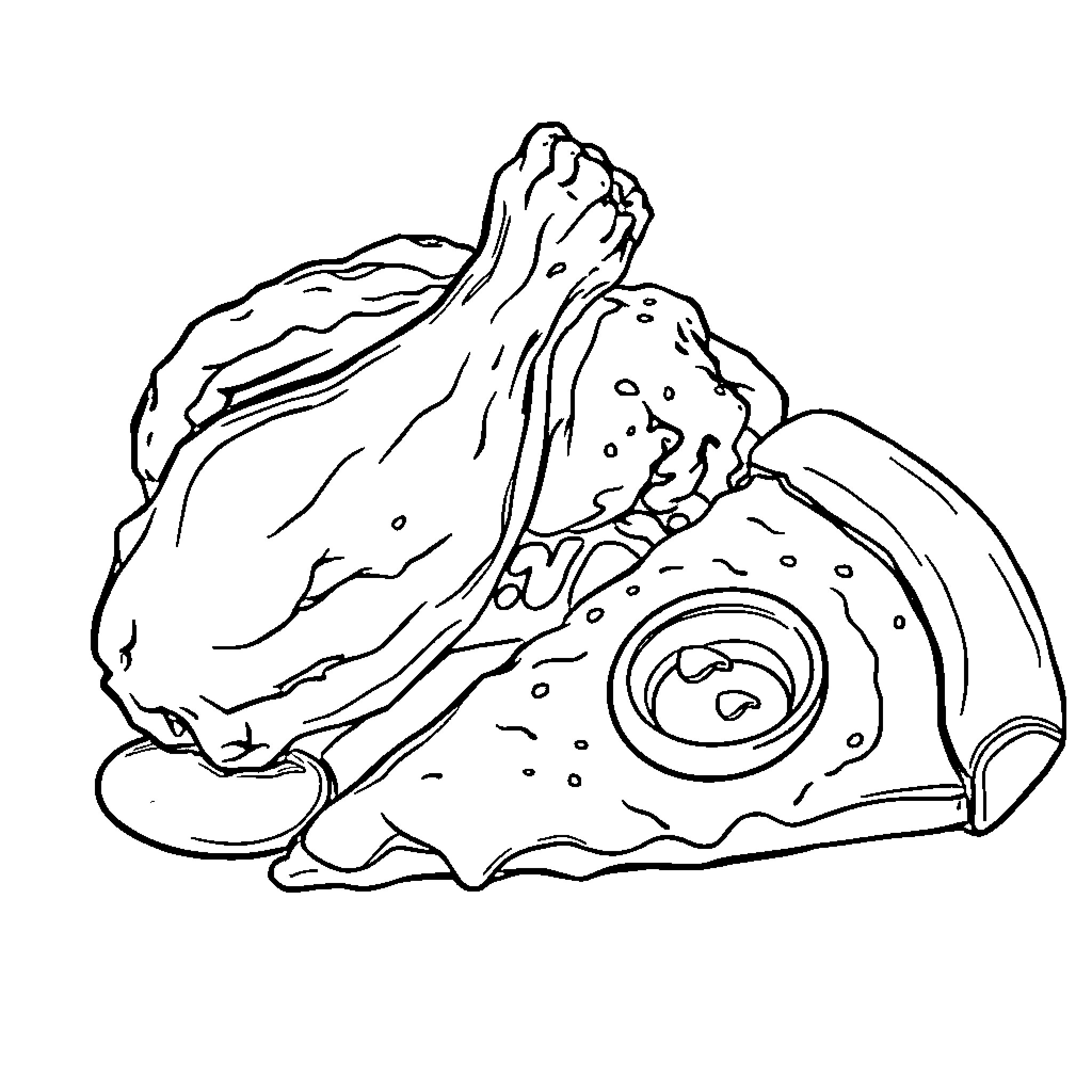 Chicken legs and thighs in a rustic arrangement Coloring Page (free black-and-white line drawing printable PDF for all, from beginners to advanced learners, including children, teens, adults, and seniors)