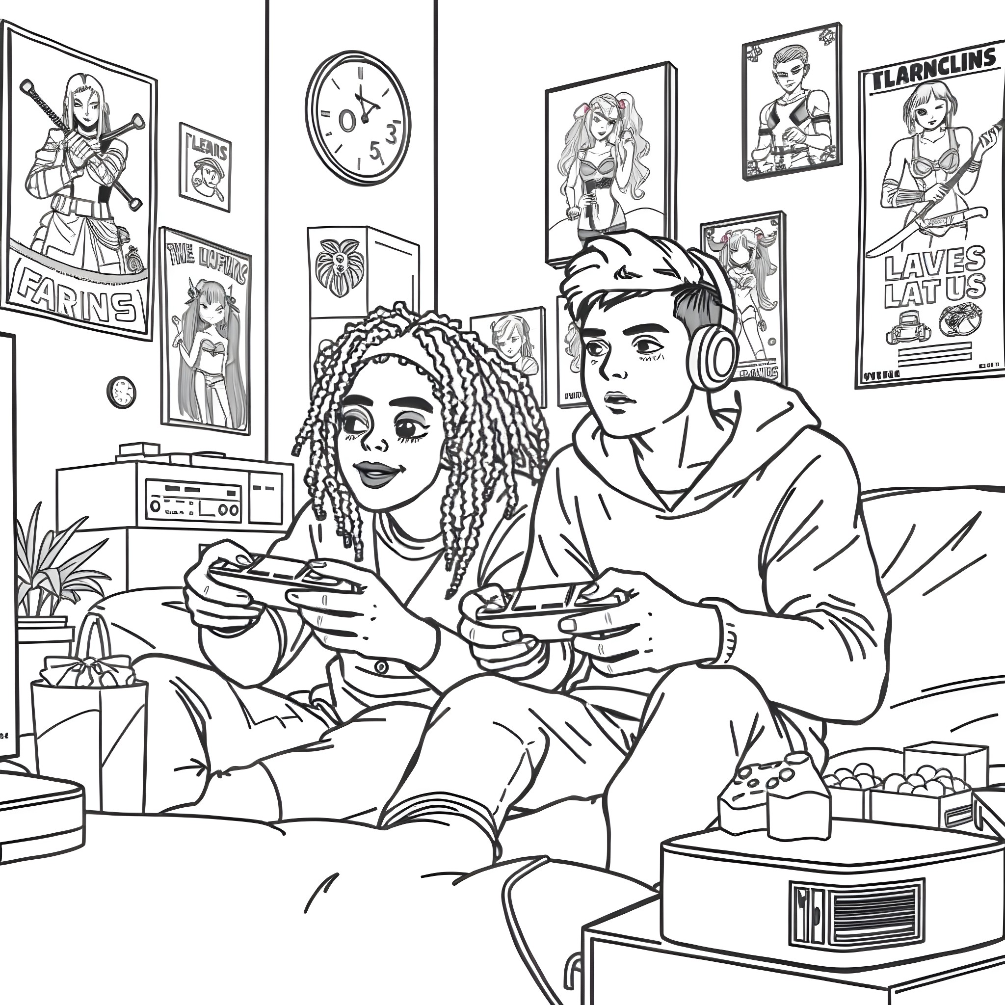 Teen Guy and Friend Enjoying Video Games Together Coloring Page (free black-and-white line drawing printable PDF for all, from beginners to advanced learners, including children, teens, adults, and seniors)