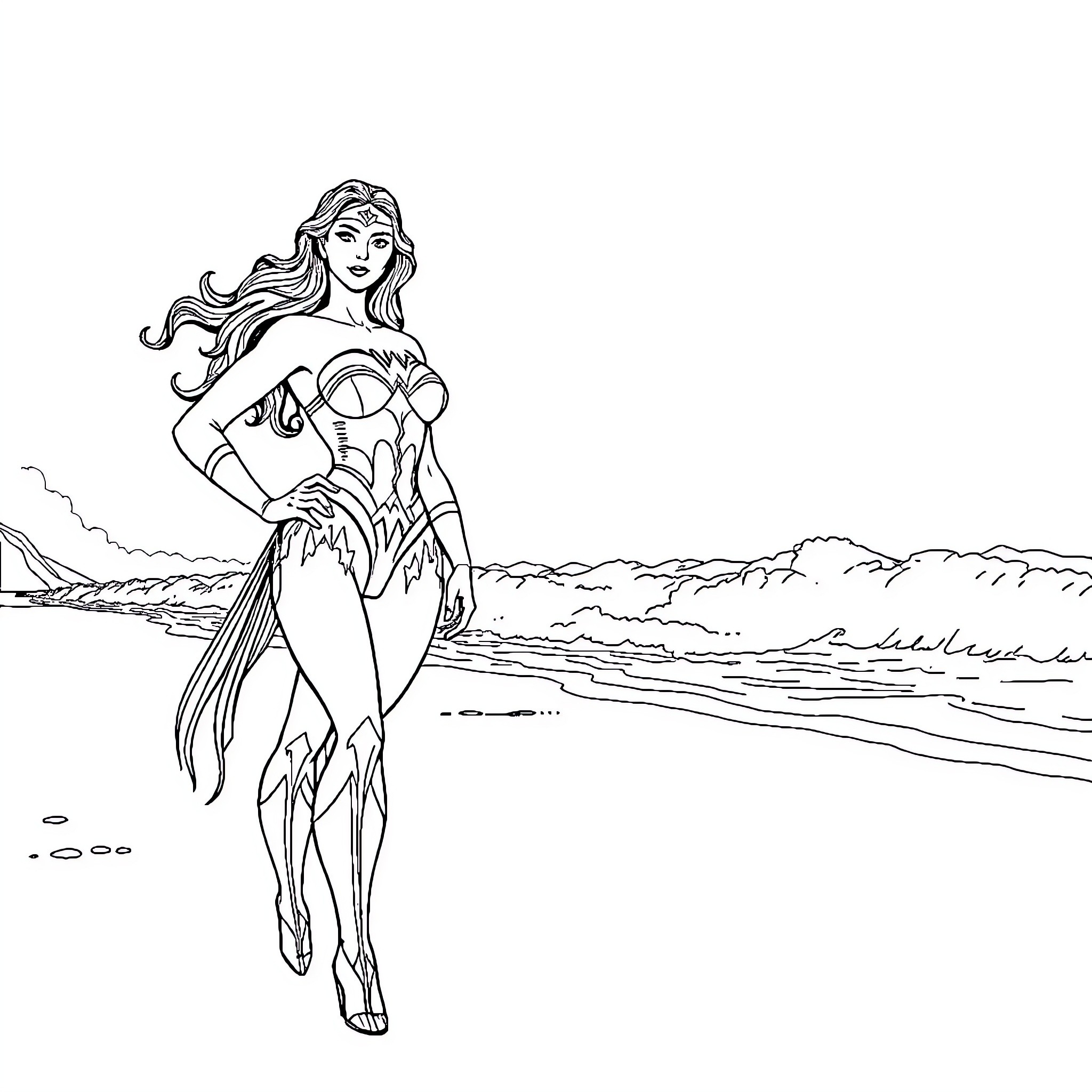 Wonder Woman standing heroically on the beach Coloring Page (free black-and-white line drawing printable PDF for all, from beginners to advanced learners, including children, teens, adults, and seniors)