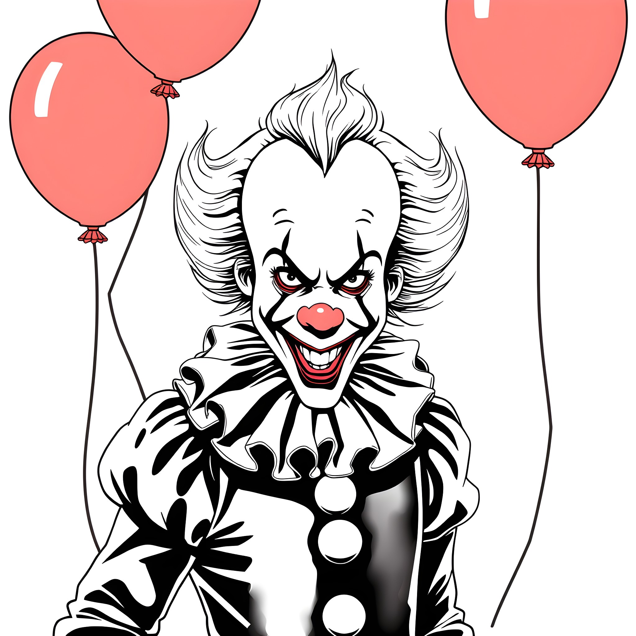 Pennywise the Clown with Sinister Grin and Balloons Coloring Page (free black-and-white line drawing printable PDF for all, from beginners to advanced learners, including children, teens, adults, and seniors)