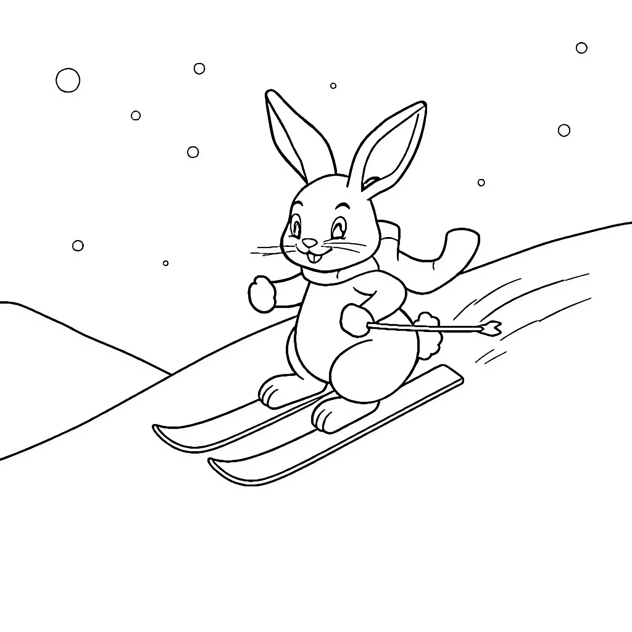 Bunny skiing on the snowy slopes Coloring Page (free black-and-white line drawing printable PDF for all, from beginners to advanced learners, including children, teens, adults, and seniors)